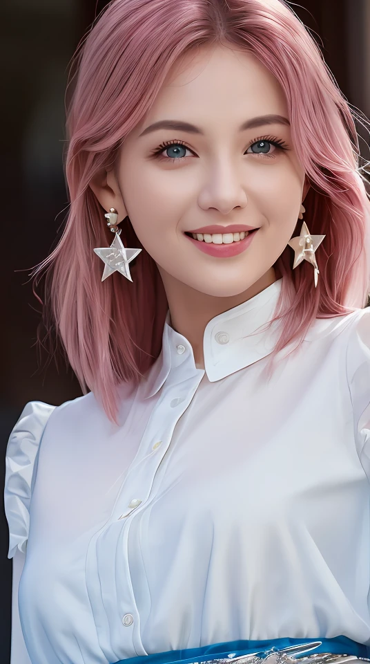 masterpiece, (photorealistic:1.4), best quality, beautiful lighting, march 7th \(honkai: star rail\), 1girl, solo, beautiful girl, pink hair, perfect face, perfect eyes, detailed clothes, blue skirt, skirt, blue shirt, detached sleeves, white shirt, blue eyes, long hair, blush, breasts, (looking at viewer), small breasts, earrings, star earrings, intricate, high detail, sharp focus, dramatic, beautiful eyes, (RAW photo, 8k uhd, film grain), caustics, smile, subsurface scattering, reflections, detailed face, beautiful face, beautiful eyes, standing, ice,, <lora:march_7thhonkai _star_railoffset:1>,