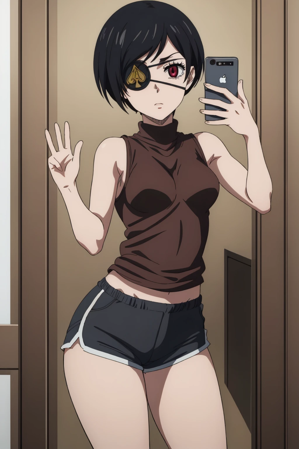 ((best quality)),((highly detailed)),masterpiece,absurdres,detailed face,beautiful face,(detailed eyes, deep eyes),((dynamic pose)), 1girl, <lora:VanicaV1:0.7>Vanica, black hair, solo, red eyes, eyepatch, short hair,small breasts,tank top, indoors , dolphin shorts, <lora:dolphin_shorts_v0.1:0.5>, <lora:MirrorSelfieLora:0.8>, anime, mirror selfie, holding phone<lora:add_detail:0.1>