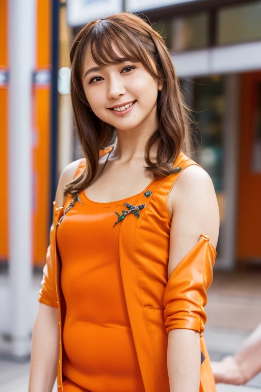 1girl, (orange seamless camisole, jacket:1.6),(sleeveless, off shoulder:1.4),(RAW photo, best quality), (realistic, photo-realistic:1.4), masterpiece, an extremely delicate and beautiful, extremely detailed, 2k wallpaper, Amazing, finely detail, extremely detailed CG unity 8k wallpaper, ultra-detailed, highres, soft light, beautiful detailed girl, extremely detailed eyes and face, beautiful detailed nose, beautiful detailed eyes,(cinematic lighting:1.4),(walking in shinjuku:2.0),perfect anatomy,(slender body:1.6),(close up face:2.0),(gently smile,Friendly, warm:2.0),(looking at viewer:1.8),(japanese idol:1.8),(long brown hair:1.8), (brown eyes:1.8),<lora:takayanagitomoyo_lora-10:0.8>