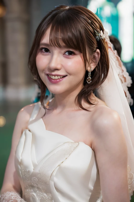 1girl, (solo:2.0),(wedding dress:1.8),(RAW photo, best quality), (realistic, photo-realistic:1.4), masterpiece, an extremely delicate and beautiful, extremely detailed, 2k wallpaper, Amazing, finely detail, extremely detailed CG unity 8k wallpaper, ultra-detailed, highres, , beautiful detailed girl, extremely detailed eyes and face, beautiful detailed nose, beautiful detailed eyes,(natural cinematic light:1.8),(in the church:1.8),perfect anatomy,(slender body:1.8),(close up face:2.2),(gently smile, friendly, warm:1.8), (brown eyes:1.8),(shoulder length straight hair:1.8),(standing:2.0), <lora:kitouakari_lora-23:1.0>