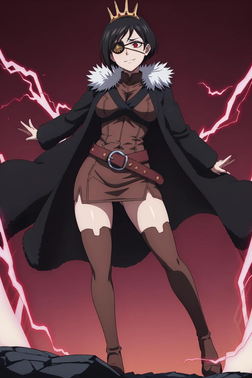 ((best quality)),((highly detailed)),masterpiece,absurdres,detailed face,beautiful face,(detailed eyes, deep eyes),((dynamic pose)),  1girl, <lora:VanicaV1:0.7>Vanica, solo, black hair, thighhighs, eyepatch, short hair, crown, belt, smile, zettai ryouiki, red eyes, coat, fur trim, full body, standing, simple background, dress, looking at viewer, boots, thigh boots, long sleeves, skirt, teeth, turtleneck, tiara, swept bangs, bangs, fur coat, short dress, cape, breasts, miniskirt, buckle, jacket, brown skirt, pencil skirt, smirk, (glowing eyes:1.2), powering up, (crackling energy:1.4), (intense facial expression:1.2), (intense glow:1.3), (red energy aura:1.4), standing, (resolute expression:1.2), (flowing energy lines:1.3), (background immersed in red hues:1.2)