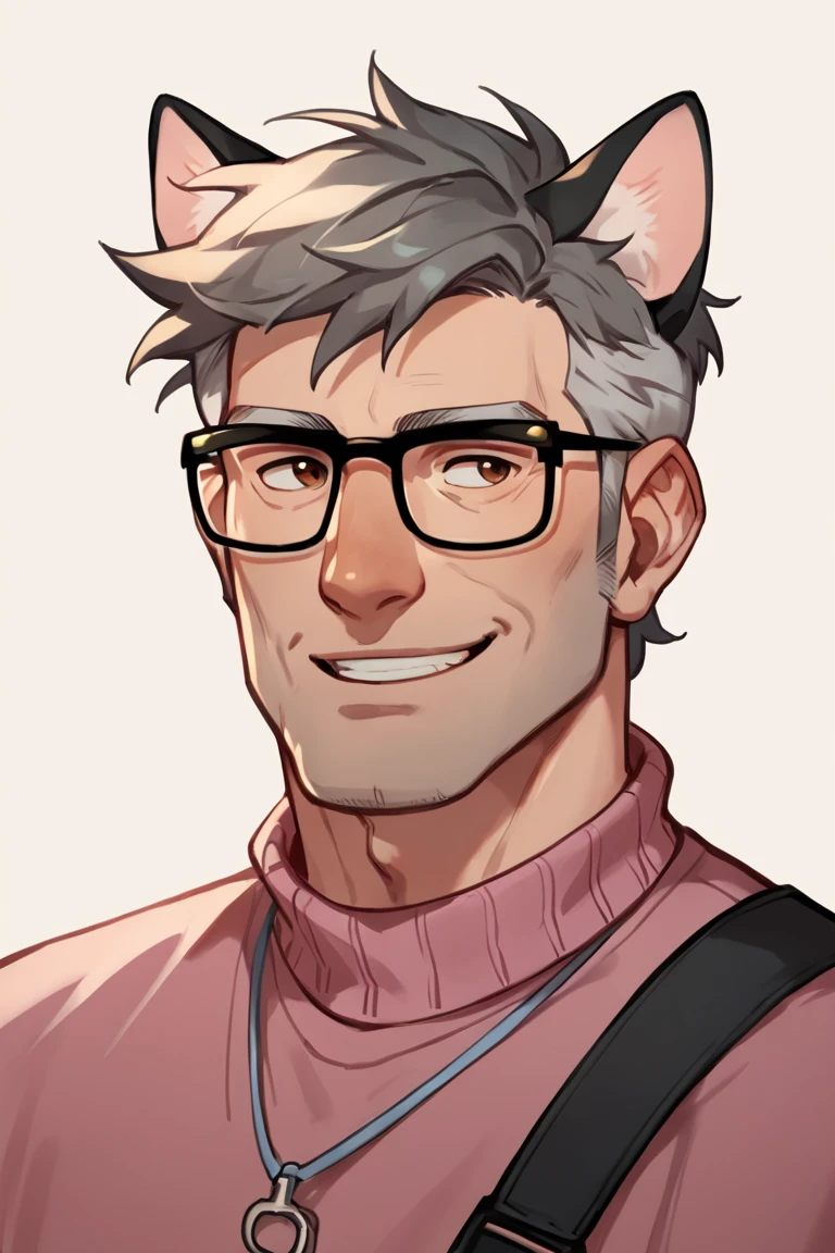 score_9, score_8_up, score_7_up, score_6_up, score_5_up, score_4_up, fordpines, 1boy, solo, male focus, mature male, old man, smile, upper body, muscular, short hair, grey hair, brown eyes, thick eyebrows, glasses, black-framed eyewear, facial hair, stubble, sideburns, cat ears, animal ears, pink sweater, black pants, standing, simple background <lora:Stanford (Ford) Pines SDXL_LoRA_10r_10e_32i_nr32_a16_Pony Diffusion V6 XL:0.7> <lora:Anime Style LoRA XL:0.7>