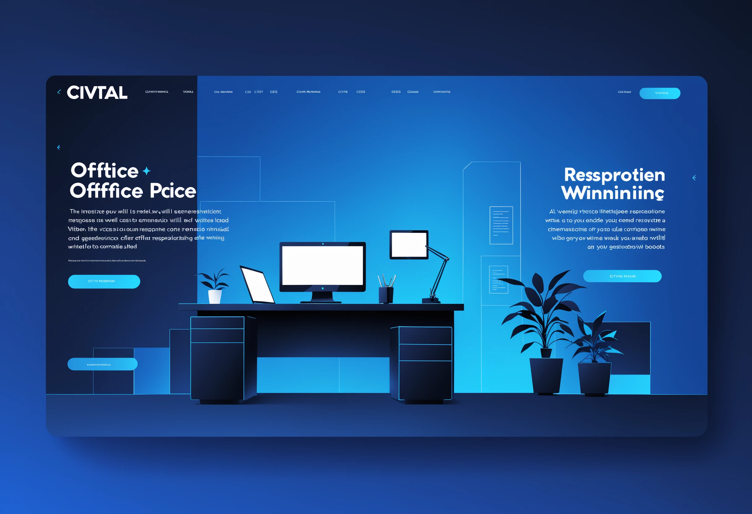 UI-UX Style, Civitai, ai generation website, single page, vector art of a modern office with minimalist vibes, black and blue gradient theme, responsive, bootstrap and CSS compatible, extremely well designed, award winning, cinematic advertising, masterpiece, best quality, <lora:UiUX-SDXL:0.5>