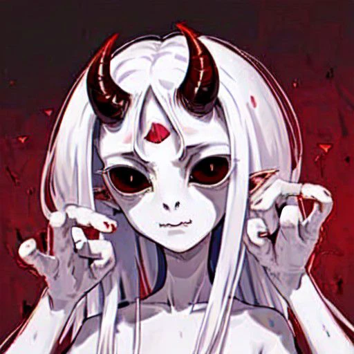 ASCII1_person, red_skin, flat_face, black_sclera, ((spiky_hair, stiff_hair, quill_hair, straight_hair)),  ((forehead_horn, oni_horn, bone_horn, silver_horn, 1_horn)), ((no_nose, nasal_slits, ghoul_nose)), masculine_body, clothed, robe, close_up, face_focus, ((4_fingers_no_thumbs)), ((inhuman)), (sfw), high_quality, ultra_quality, <FastNegativeV2>