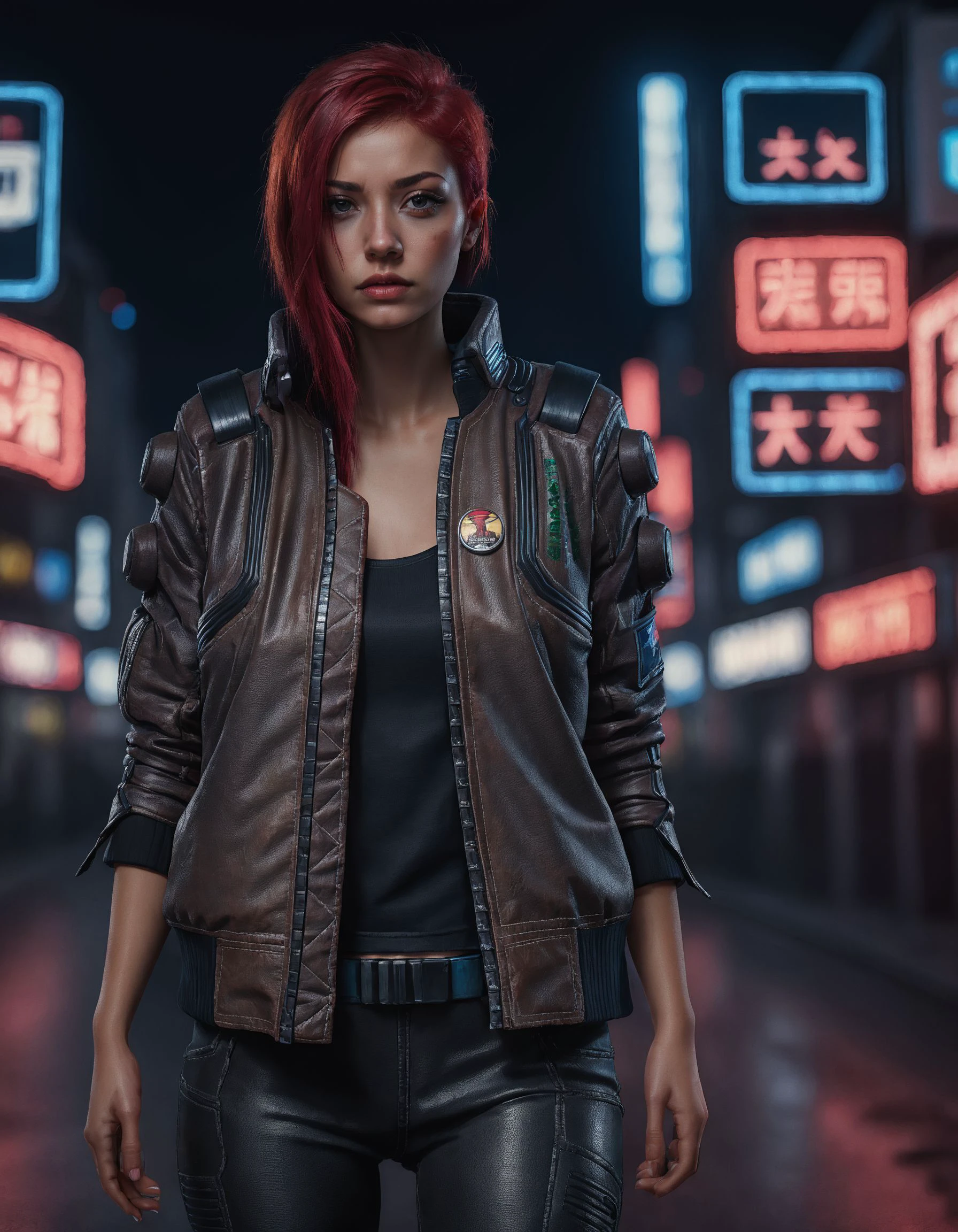 a gorgeous fashion model, woman, red hair, wearing a brown cyberpunk Samurai jacket, black shirt, standing in a busy city street, sleeves up, night, night sky, large cityscape, neon signs, realistic, highly detailed, professional, 4k,  <lora:CyberpunkSamuraiJacketSDXL:0.75>