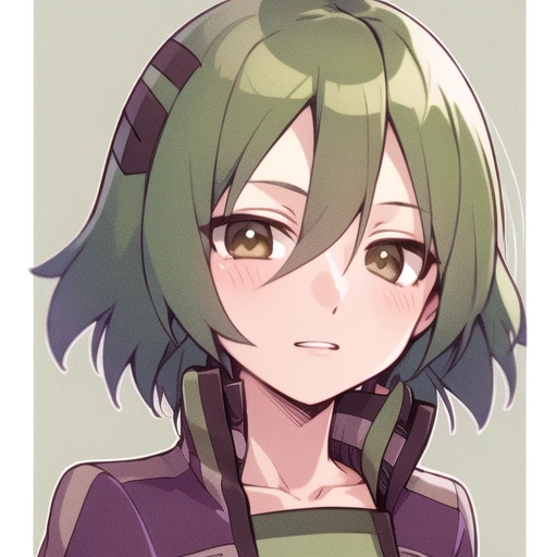 pat, green hair, brown eyes, solo, jacket, face focus, flat chest, purple jacket, short jacket, face, <lora:Patrick_Sprigs:1>