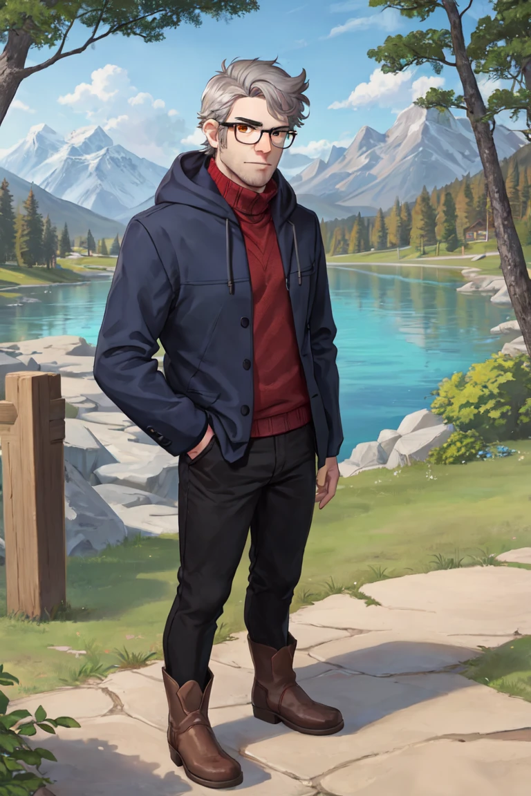 fordpines, 1boy, solo, male focus, mature male, old man, full body, muscular, short hair, grey hair, brown eyes, thick eyebrows, glasses, black-framed eyewear, facial hair, stubble, sideburns, open clothes, red sweater, blue hoodie, black pants, brown boots, standing, outdoors, lake, shore, stones, fir-tree, mountains <lora:Stanford (Ford) Pines LoRA v1.0_10r_10e_32i_nr64_a32:0.7>