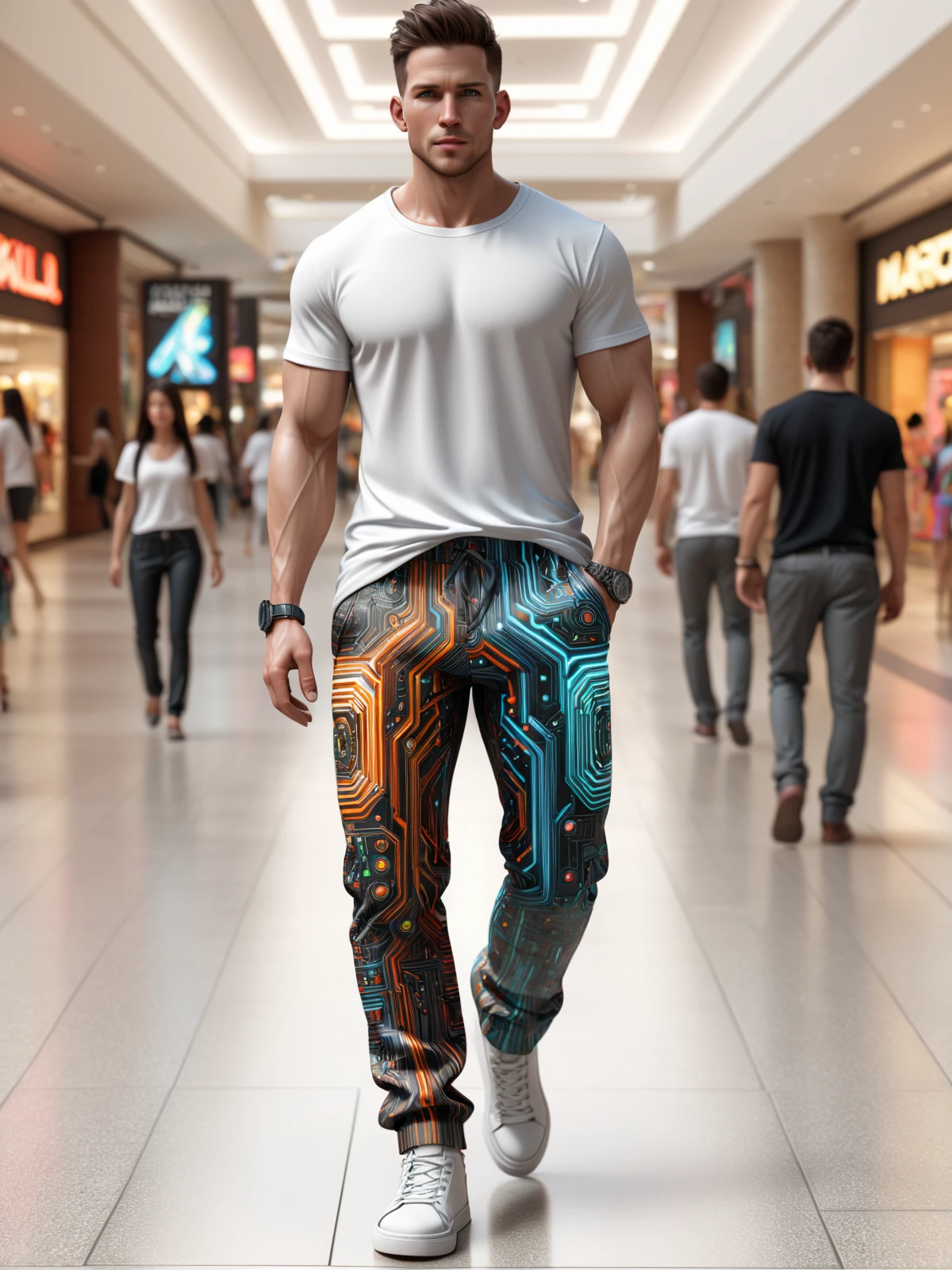 man wearing a mad-circuit pants and white tshirt walking through mall <lora:Colorful_Circuit_SDXL:0.5>, (masterpiece:1.2), best quality, (hyperdetailed, highest detailed:1.2), high resolution textures