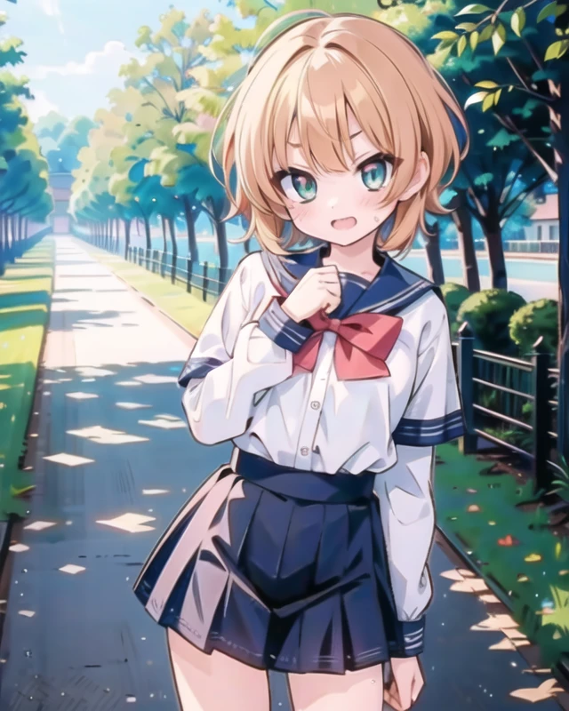 anime,pov,8k,cg,((masterpiece, best quality, high resolution)),(((best quality))),((ultra-detailed)),beautiful detailed eyes,finely detail,cg,RedFace,shy,
cosmetics,cowboy shot,twisting pose,Bending,
1girl,flat chest,open mouth,green eyes,blonde hair,short hair,school uniform,outdoors,
