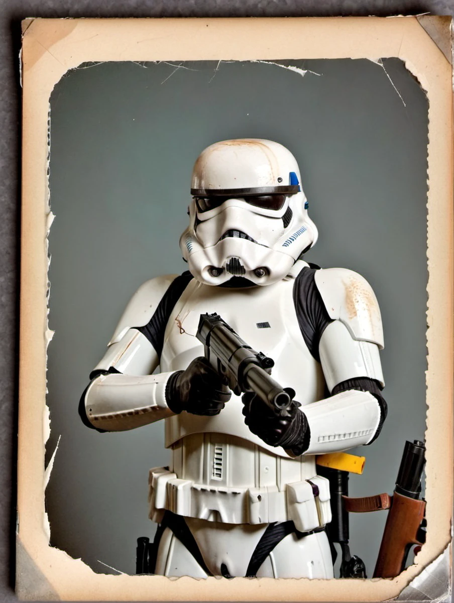 vintage photo of a stormtrooper, in a gun range,
simple background,
damagedphoto, foggy, ((tape)), heavy damage, ((torn)), crease, border,  corners, edges
<lora:fix_hands:3>
<lora:FunkyLensXL:3>
<lora:PhotoDetailXL:2>
<lora:PerfectEyesXL:1>
<lora:repair_slider:1>
<lora:Damaged_Photos_daguerreotype_V1_SDXLBase:1>