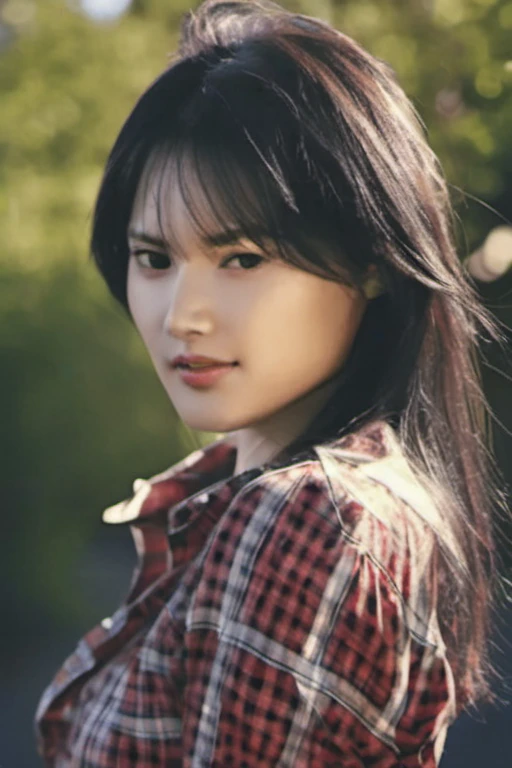 <lora:tsumuri:1>, A half Body Photo of a  tsumuri, messy beehive hair style, natural skin complexion, slim with curves, tartan shirt, outdoor background, soft lighting, captured by randomly selected photographer. This image looks glamorous and elegant in style and outdoor  background that was recognized as a contest winner. It has been featured on CG Society. Cinematic
