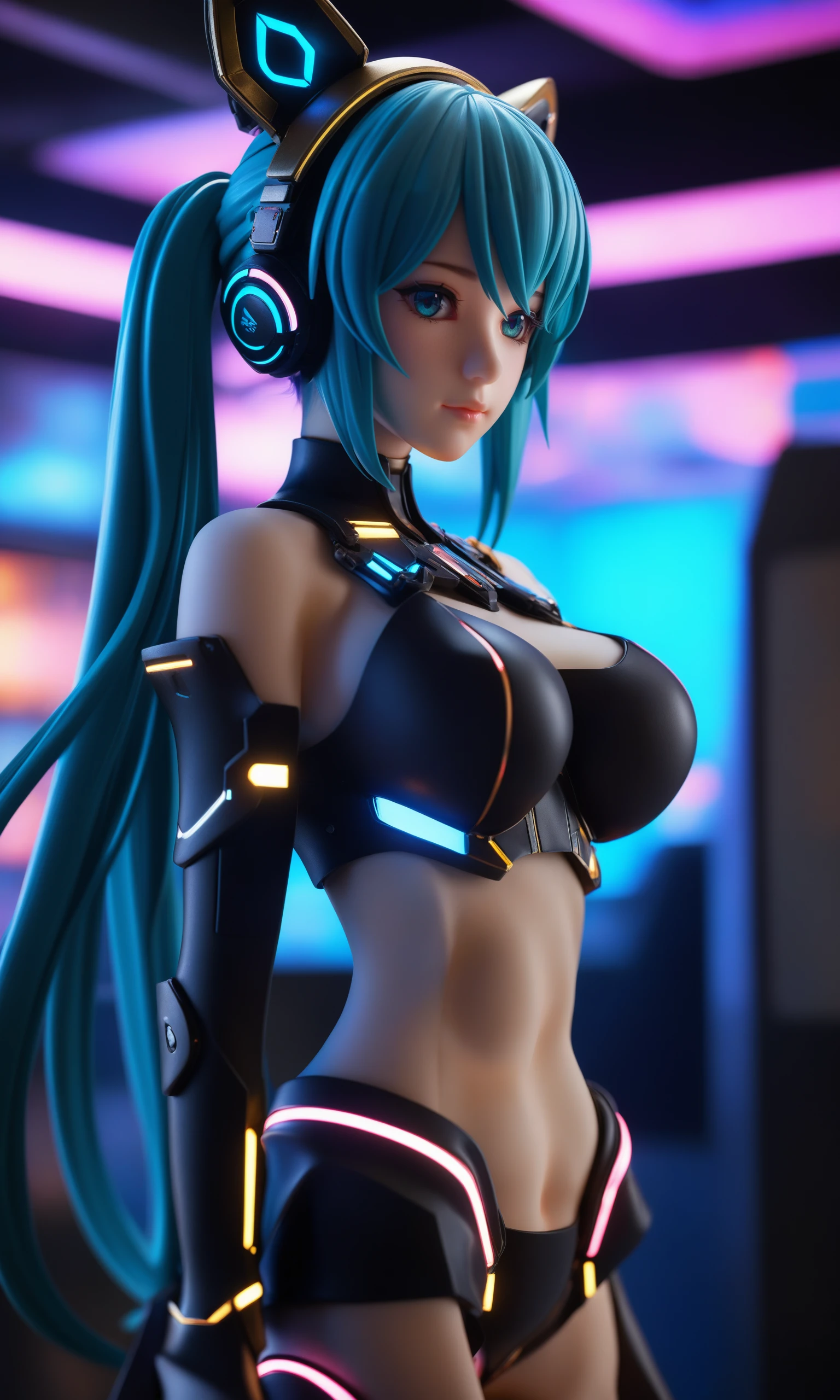 Realistic,Masterpiece,18 - year - old,solo,cgmech,beautiful eyes,upper body,underboob,portrait,robot,armor,Hatsune Miku,neon light,8K,RAW,best quality,masterpiece,ultra high res,colorful,(medium wide shot),(dynamic perspective),sharp focus,(depth of field, bokeh:1.3),extremely detailed eyes and face,beautiful detailed eyes,large breasts,(black gold, trimmed gear:1.2),(In a futuristic weapons factory:1.2),((masterpiece, best quality)),Detailed background,spaceship interior,