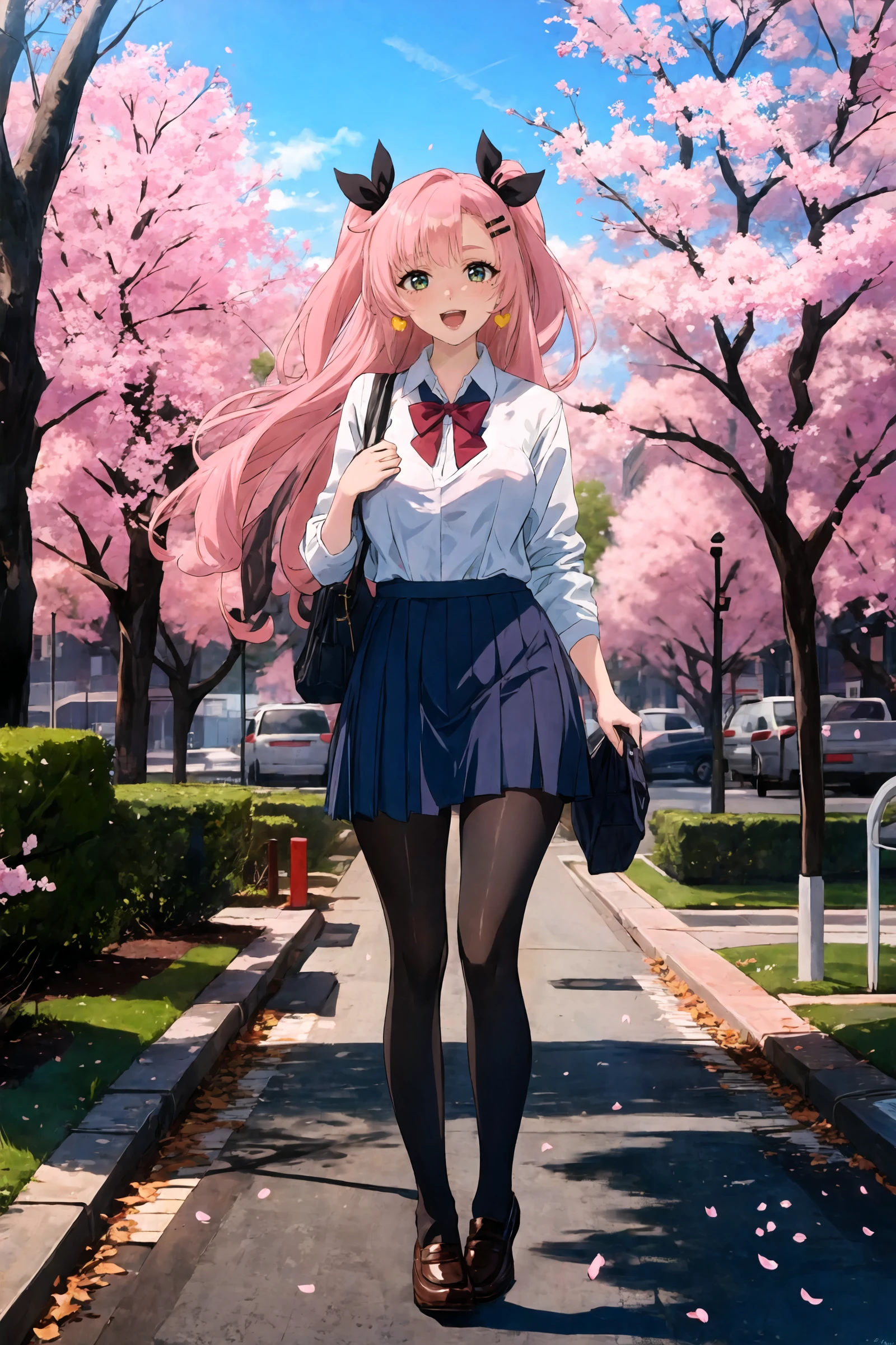 1girl, nicole demara, hair ribbon, hairclip, solo, school uniform, white shirt, sweater, pleated skirt, pantyhose, smile, open mouth, looking at viewer, outdoors, street, cherry blossoms, petals, depth of field masterpiece, best quality, masterpiece