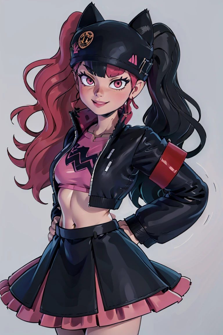 ((masterpiece,best quality)), absurdres,
<lora:Zoe_Palworld_v3:0.8>,
Zoe_Palworld, long hair, looking at viewer, smile, long sleeves, hat, jacket, black jacket, black headwear, cat hat, animal ear headwear, pink eyes,
midriff, crop top, black skirt,
solo, cowboy shot,