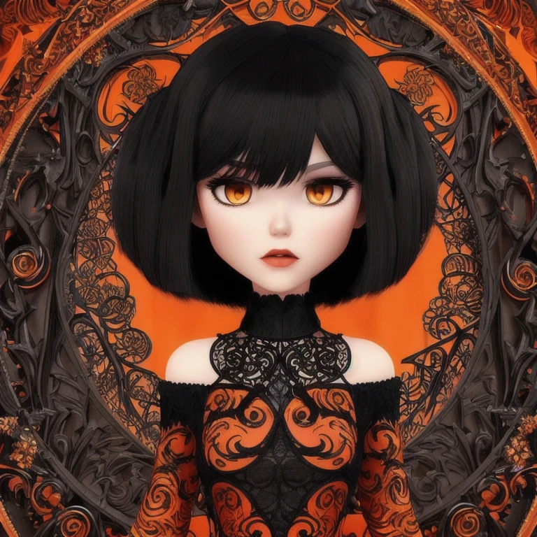 Gothic style 3d cartoon for a 1girl,hair with bangs,black long dress,orange background, . Dark, mysterious, haunting, dramatic, ornate, detailed