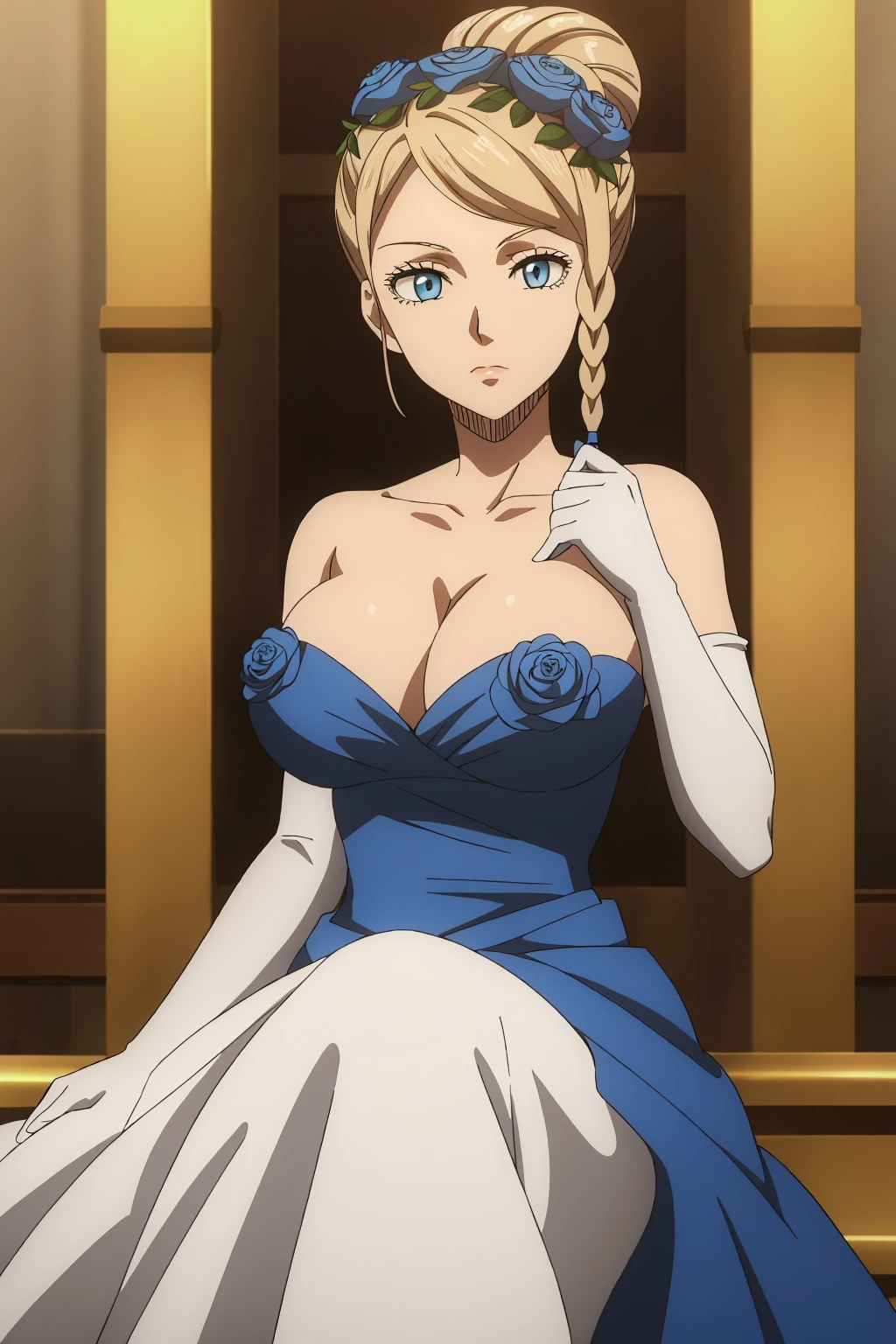 ((best quality)),((highly detailed)),masterpiece,absurdres,detailed face,beautiful face,(detailed eyes, deep eyes),1girl,((dynamic pose)), <lora:CharlotteV1:0.7>Charlotte, solo, breasts, dress, gloves, elbow gloves, blonde hair, cleavage, flower, large breasts, braid, blue eyes, blue dress, bare shoulders, hair ornament, white gloves, rose, hair flower, blue rose, hair up, strapless, blue flower, sitting, strapless dress, indoors, collarbone, hair bun, single hair bun, long hair, makeup, short hair