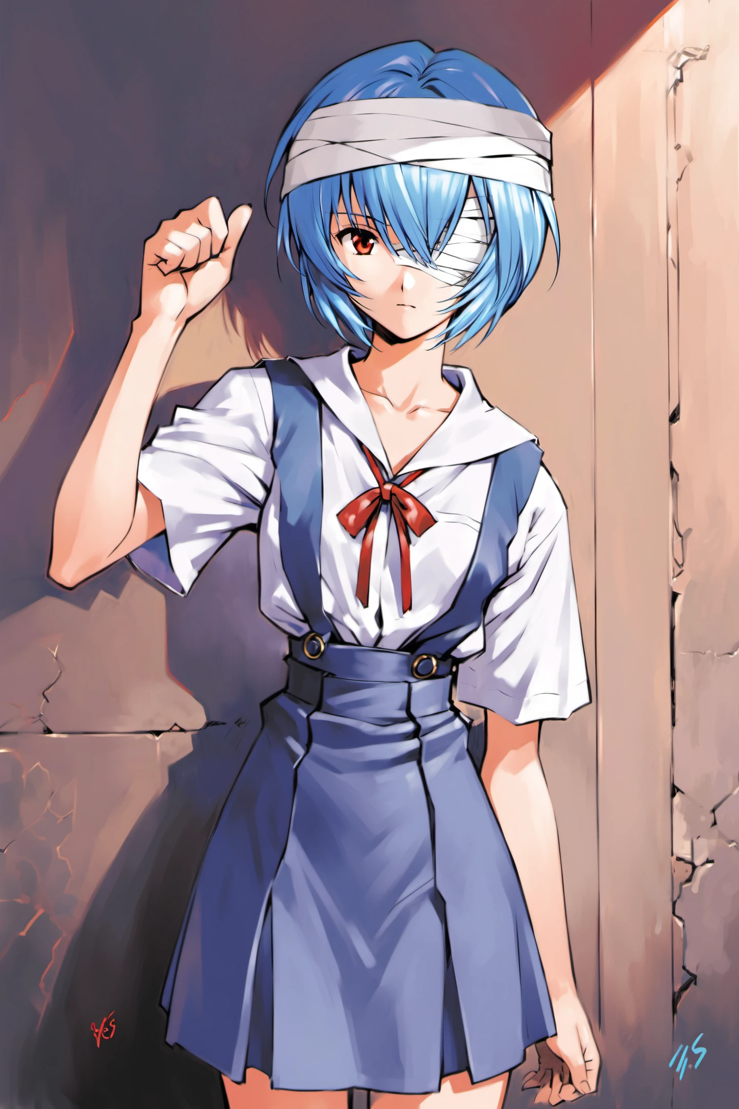 1girl, ayanami rei, short hair, blue hair, bandages, school uniform, solo, bandage over one eye, red eyes, ribbon, looking at viewer, tokyo-3 middle school uniform, shirt, short sleeves, closed mouth, neck ribbon, clenched hand, white shirt, cowboy shot, hand up, skirt, red ribbon, bandaged head, suspender skirt, expressionless, bangs, collarbone, signature, standing, bow, suspenders, arm at side,<lora:Sadamoto Yoshiyuki_XL_V2:0.8>