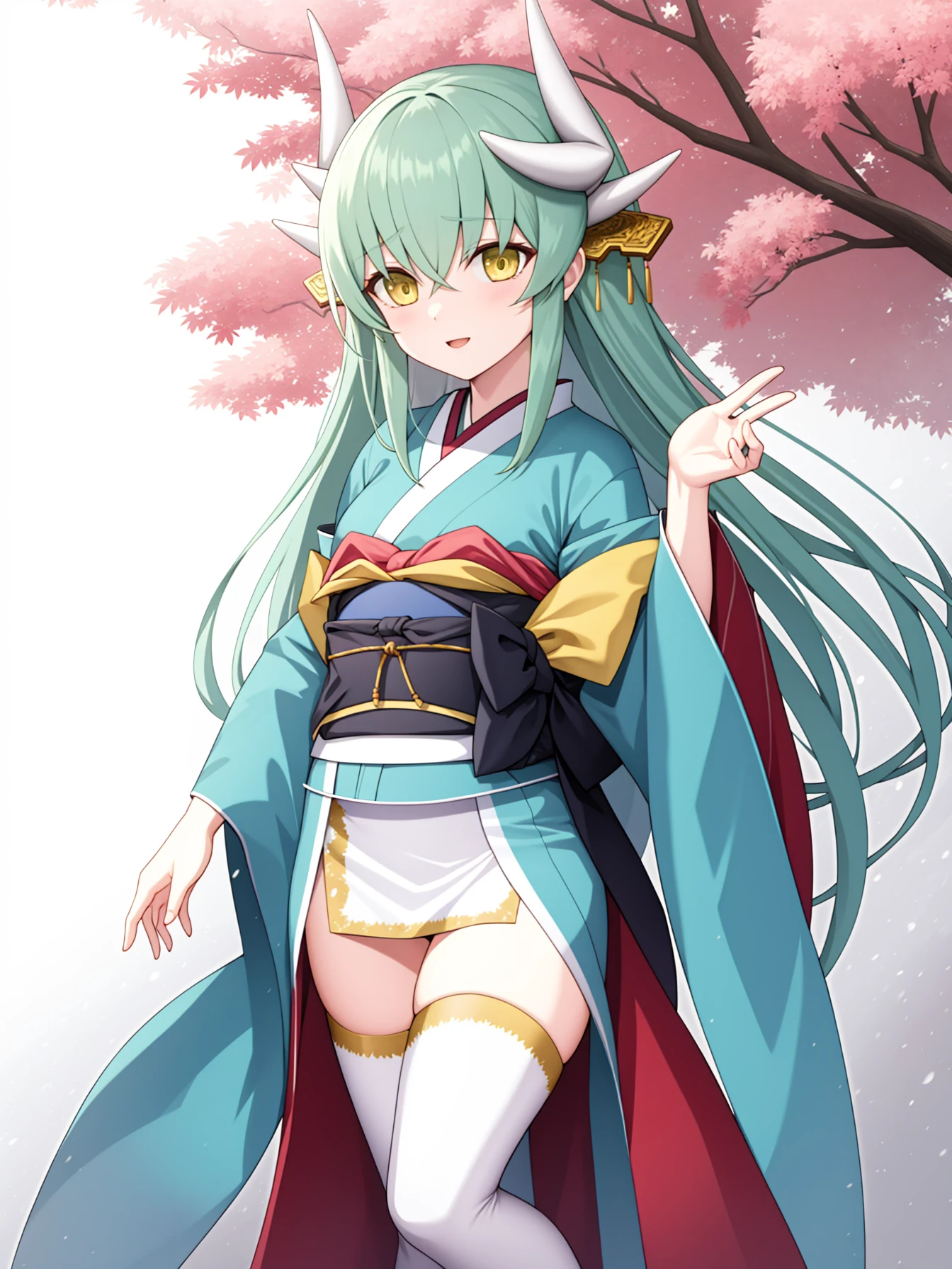 <lora:æ¸
姬-000011:1:lbw=char>,kiyohime \(fate\),long hair,horns,dragon horns,yellow eyes,green hair,japanese clothes,kimono,dragon girl,white thighhighs,aqua hair,sash,multiple horns,, 1girl,
, (masterpiece,best quality:1.2),absurdres