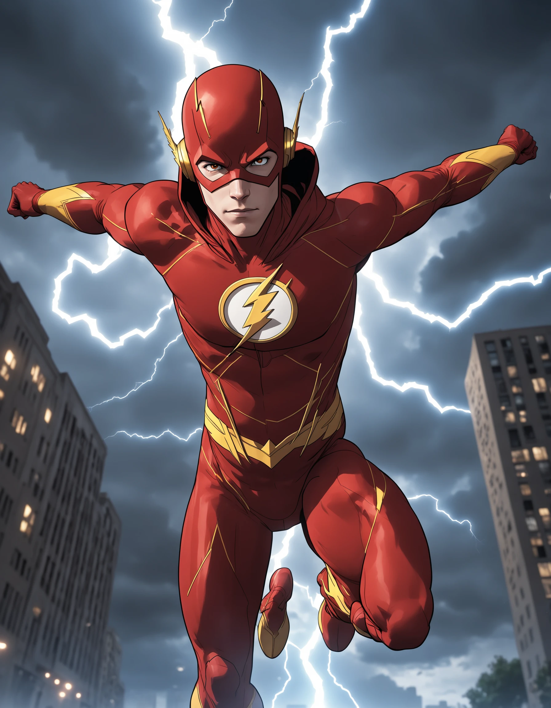 iboy, male focus, solo, looking at viewer, red body suit, lightning bolt symbol, flying through the sky, fight pose, thunderstorm, gold eyes, hooded body suit, the flash, dc comics, lightning bolt streaks, lightning fast, outdoors, city, sky, clouds, cinematic lighting, cinematic angle, masterpiece, best quality