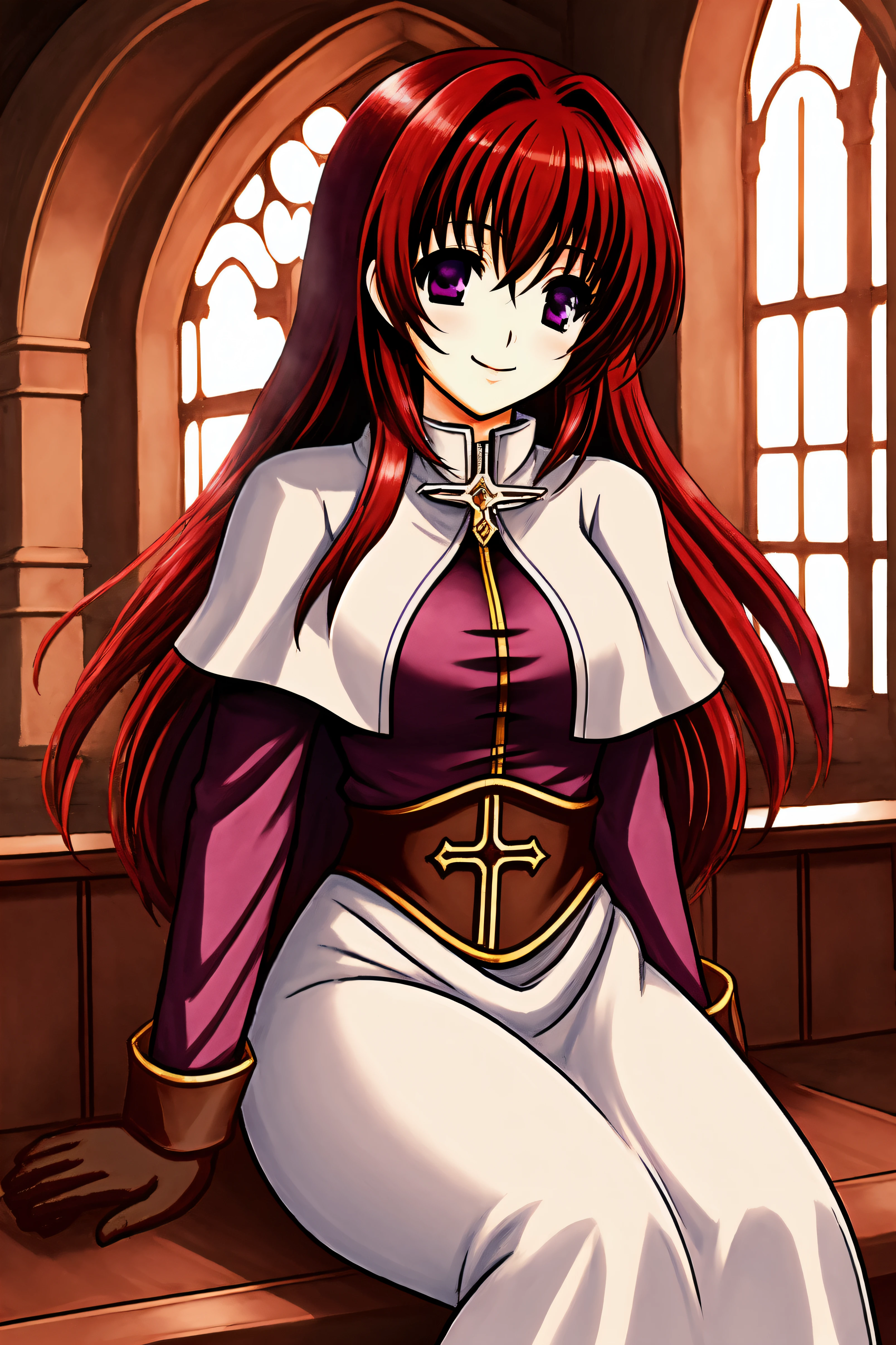 <lora:acolyteROV.1.22-000007:0.74>, acoRO,1girl, white capelet, white dress, gloves, long sleeves, brown shoes, black pantyhose,
((red hair)), ((purple eyes)), long hair, wavy hair,
looking at viewer, smile, facing viewer,
sitting, sitting on bench, hand on lap,
(half body), ((portrait)), half portrait , (medium shot), volumetric lighting, light through window, glowing holy light,
church, stained glass background,