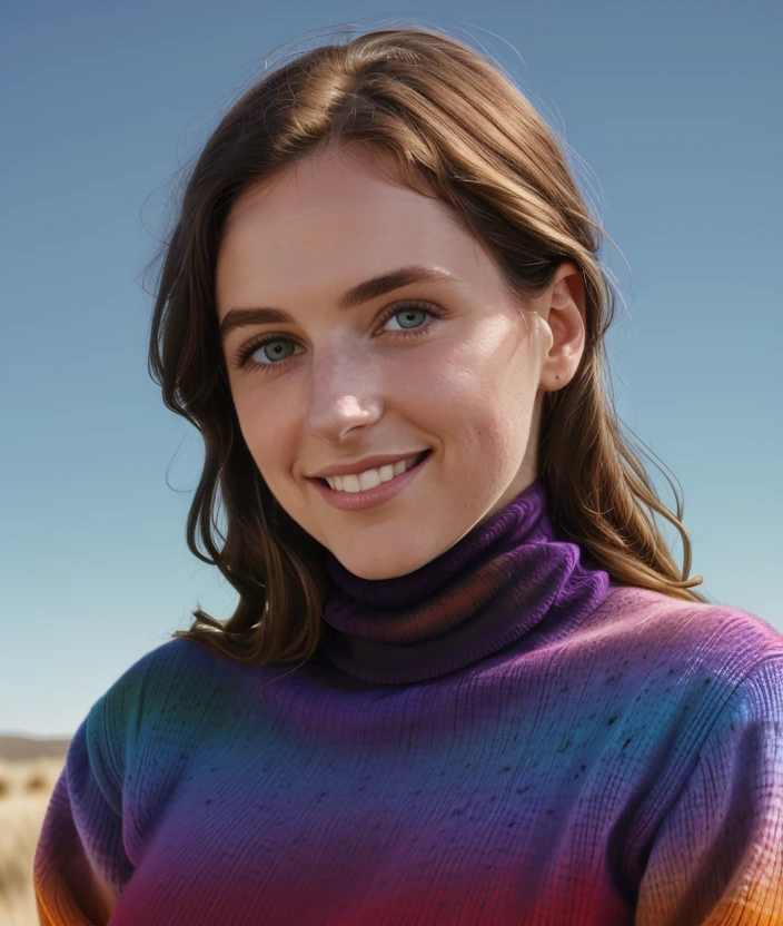 3l3r05y, ((Gradient Multicolored background)), detailed eyes, smile, (close portrait photo), Against the light, (Turtleneck red)