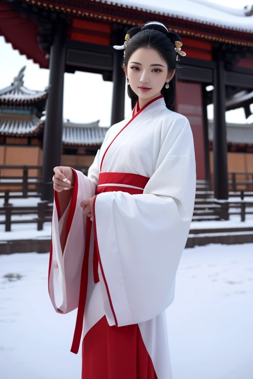 ltra-detailed,highly detailed,best quality,masterpiece,illustration,realistic,photorealistic,
1girl, solo,
hanfu-quju, hanfu, chinese clothes, chinese traditional clothes, long sleeves, wide sleeves, sash,
looking at viewer, upper body, ceremony, 
outdoors, photo background, east asian architecture, blue sky, wind, snow, winter,
<lora:hanfu quju_v1_07:0.7>