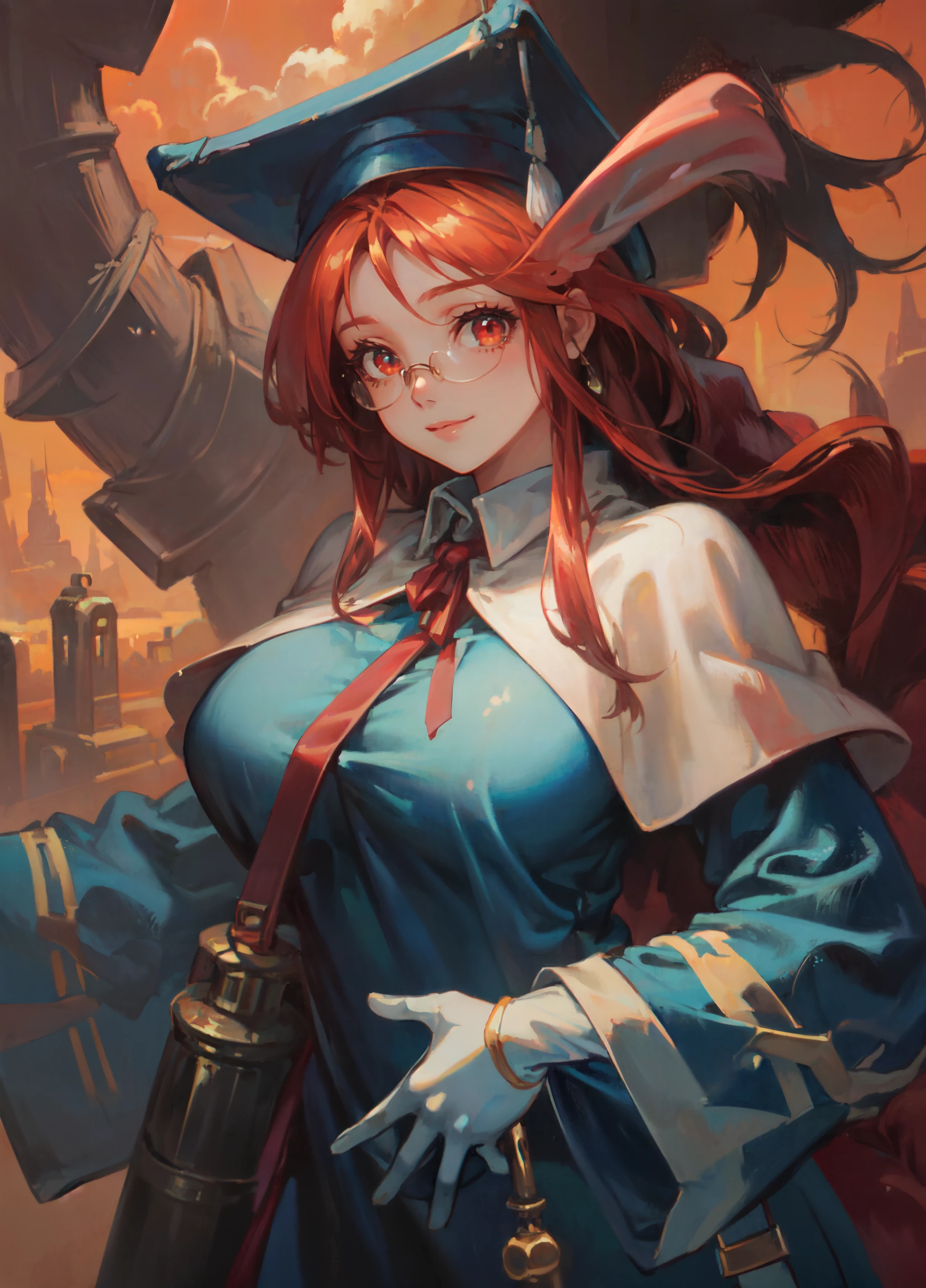 (masterpiece, best quality, ultra detailed, beautiful illustration), (oil painting:1.4), atmospheric perspective, (adventure atmosphere, elaborate atmosphere:1.4), depth of field, looking at viewer, beautiful detailed eyes, 1girl, (cowboy shot), sexy pose, dynamic angle, smile, (huge breasts), (outdoors:1.5, tower:1.5, holding cannon:1.5, shooting cannon:1.5, glowing energy:1.5, blue sky, clouds), BoFMomo, animal ears, single braid, red eyes, glasses:1.4, hat, white capelet, blue dress, blue sleeves, pants, red ribbon, gloves, boots, <lora:BreathOfFire_Momo:1>