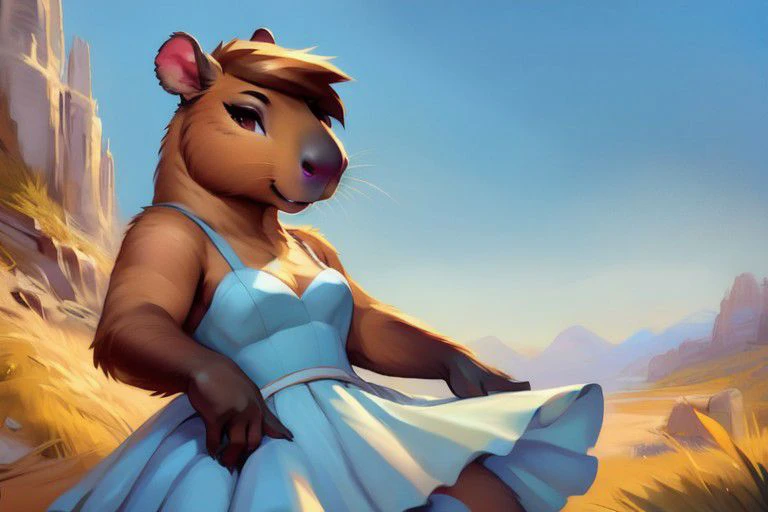 1girl,
solo,
female,
furry,
furry female,
anthro,
Capybara_Anthro,
dress,
by Chunie,
by CyanCapsule,
by Hallogreen,