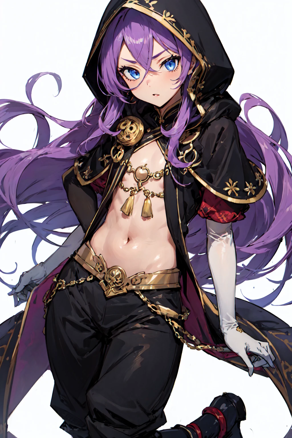 masterpiece, best quality, detailed face, detailed eyes, (1boy,) flat chest, ((otoko no ko)), (robe, hood down, arabian clothes,) blue eyes, parted bangs, long hair, tunic, v-neck, ((low-tied long hair)), elbow gloves, monocle, ((puffy pants) harem pants), purple hair,