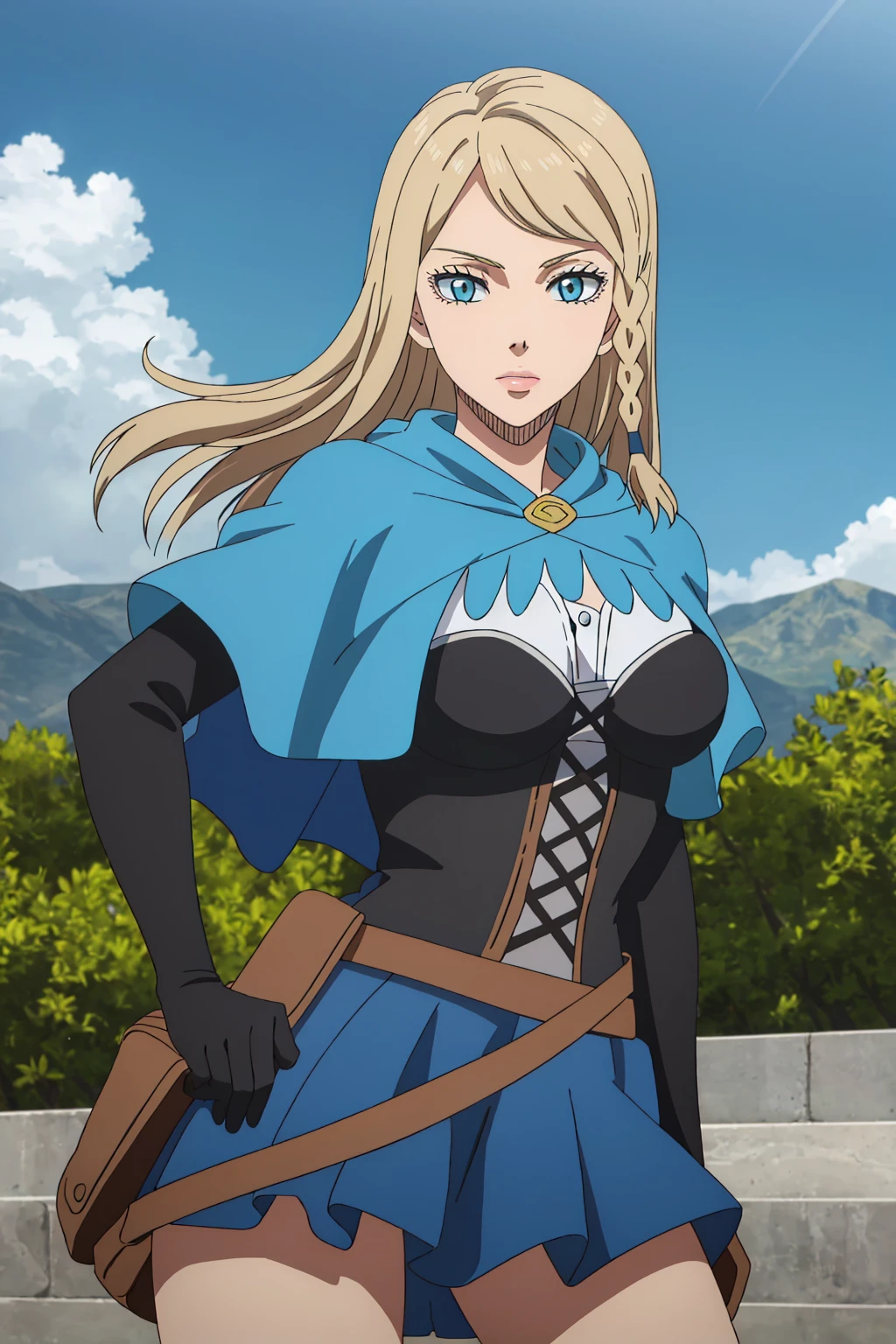 ((best quality)),((highly detailed)),masterpiece,absurdres,detailed face,beautiful face,(detailed eyes, deep eyes),1girl,((dynamic pose)), <lora:CharlotteV1:0.7>Charlotte, solo, blonde hair, braid, blue eyes, long hair, cape, sky, cloud, breasts, corset, belt, day, pouch, skirt, side braid, medium breasts, capelet, large breasts, lips, blue cape, gloves, dress, outdoors, cowboy shot