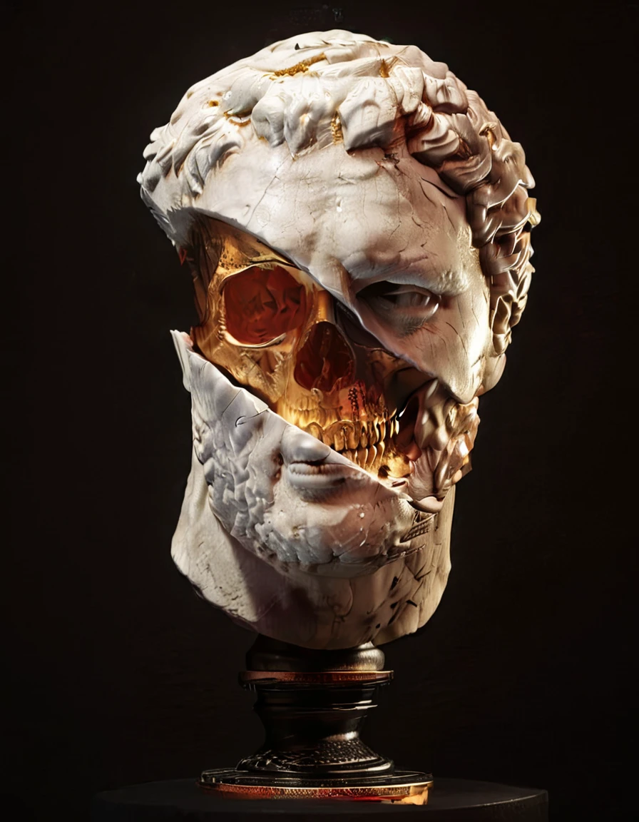 baroque composer with ral-cnvctncrnts curly hair, light shining into room, skulls