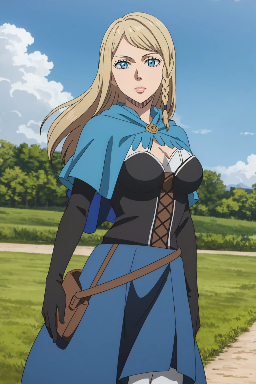 ((best quality)),((highly detailed)),masterpiece,absurdres,detailed face,beautiful face,(detailed eyes, deep eyes),1girl,((dynamic pose)), <lora:CharlotteV1:0.7>Charlotte, solo, blonde hair, braid, blue eyes, long hair, cape, sky, cloud, breasts, corset, belt, day, pouch, skirt, side braid, medium breasts, capelet, large breasts, lips, blue cape, gloves, dress, outdoors, cowboy shot