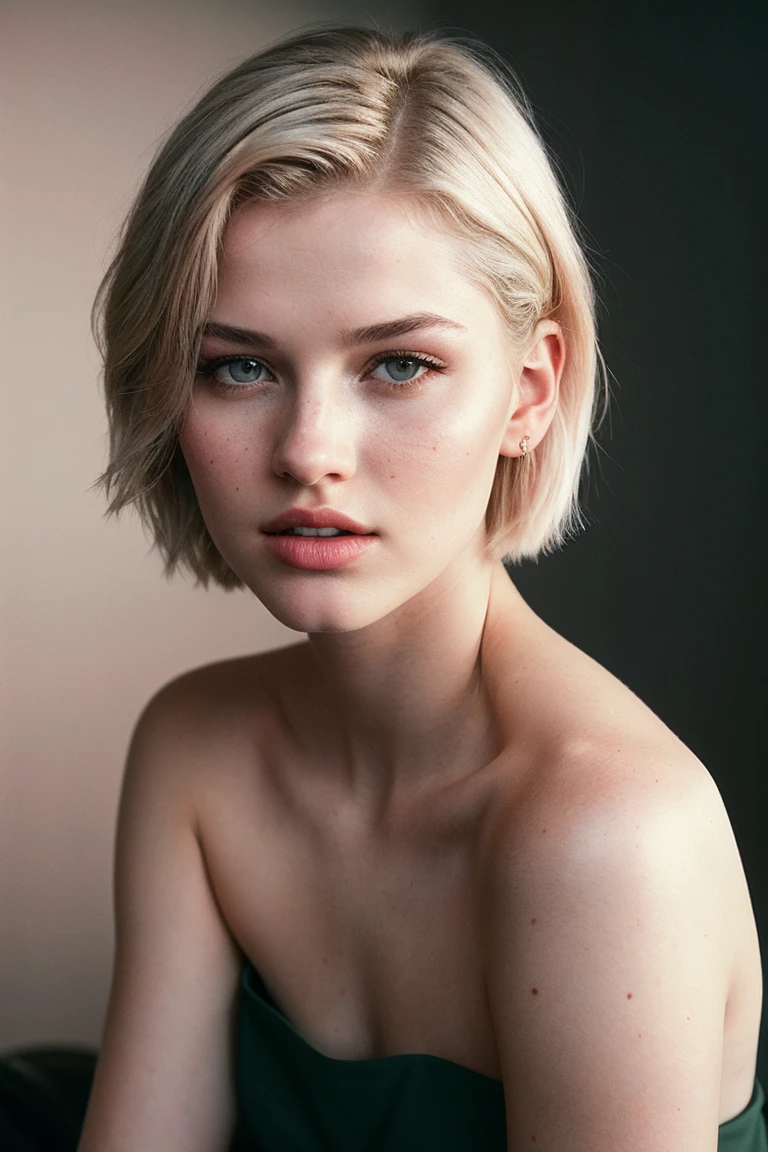 Photo of a 26-year-old girl , big light green eyes, supermodel face, wide lips, Thin eyebrows, thin face, pointy nose, high cheekbones, long eyelashes. very short straight blonde hair, short hair, naked, athletic body, busty, no makeup, sad face, Ultra textured skin, on all fours