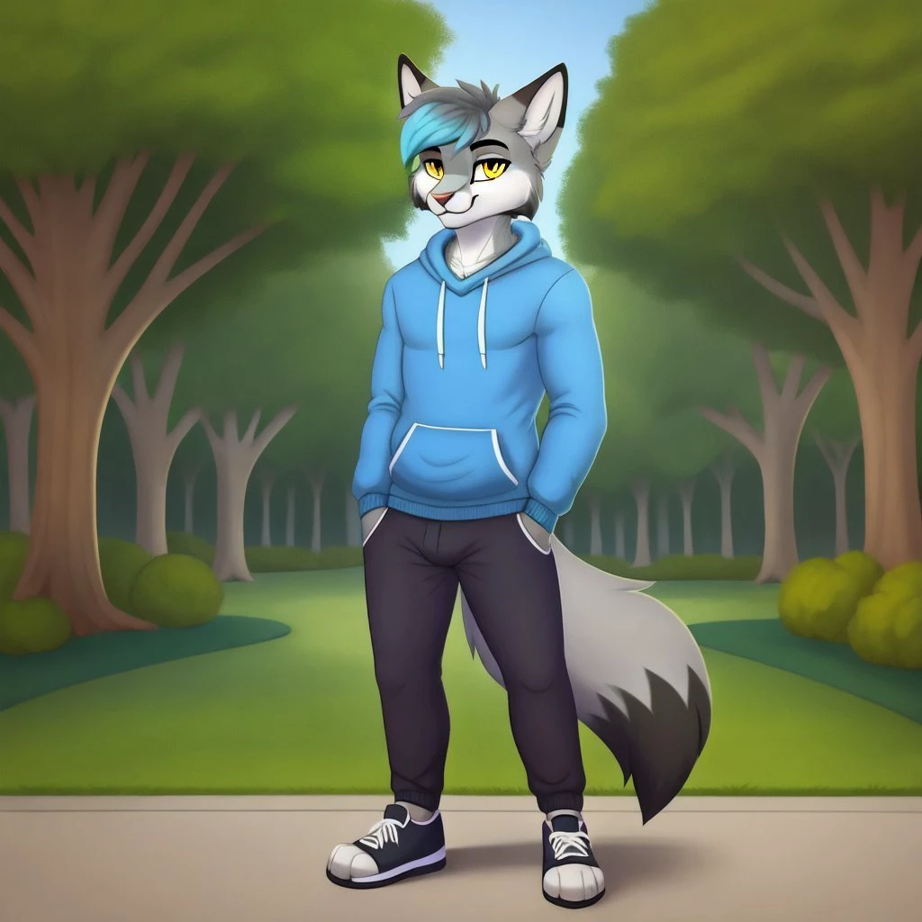 <lora:shuva_cat-50:0.5>
masterpiece, detailed, solo, 1boy, male,
shuva_cat, cat, grey fur, fox tail, yellow eyes, bedroom eyes, looking at viewer,
clothed, sweatshirt, pants, shoes,
standing on 2 legs, park