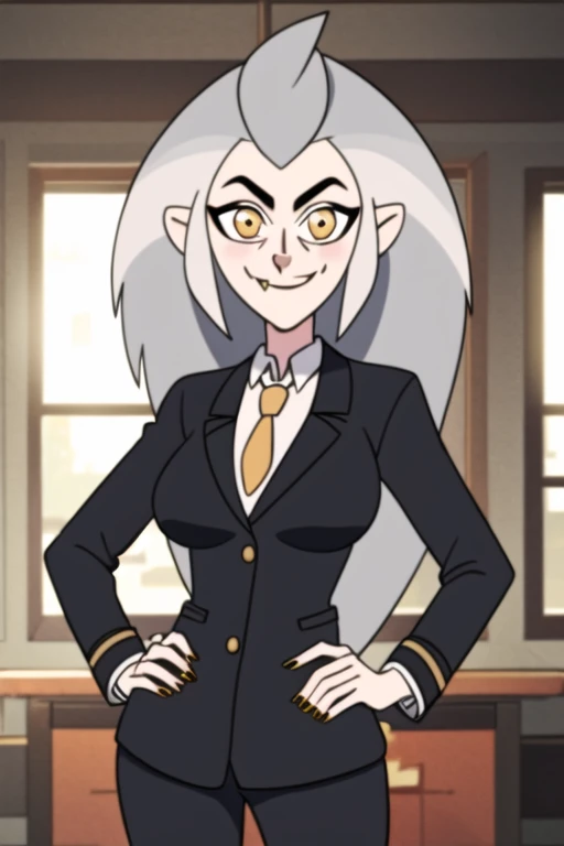 masterpiece, best quality, <lora:edalyn:0.8>, 1girl, solo, grey hair, long hair, yellow eyes, smile, looking at viewer, fang, suit, formal, black jacket, collared shirt, jewelry, looking at viewer, sunlight, delicated ilumination, highly detailed, indoors, elegant, standing, hands on hips, breasts,