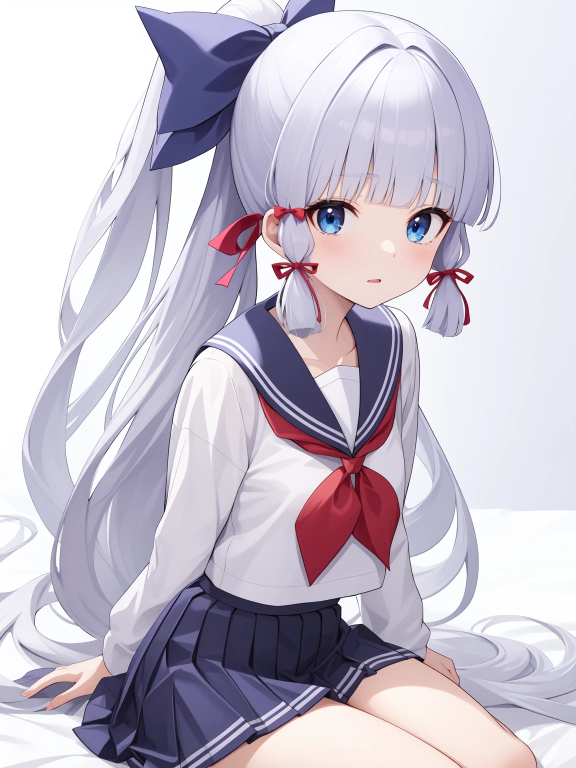 <lora:ç¥éåè¶-000011:0.8>,kamisato ayaka \(heytea\),kamisato ayaka,school uniform,long hair,ponytail,bangs,serafuku,blue eyes,sailor collar,ribbon,shirt,white shirt,hair ribbon,skirt,long sleeves,blunt bangs,pleated skirt,blue skirt,bow,hair bow,white hair,, 1girl,
, (masterpiece,best quality:1.2),absurdres