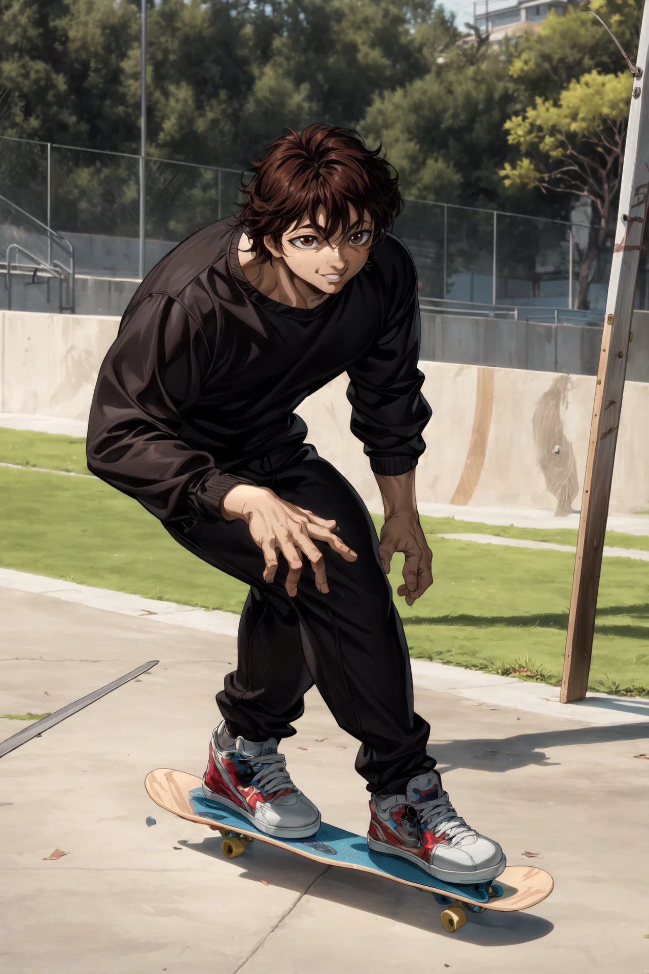 High quality, <lora:Style-add_detail:1>(Beautiful), ((masterpiece)),vibrant colors,1boy, BakiHanma, male focus, (solo), muscular, toned, shoes,brown eyes, manly, prison clothes,, skate boarding, skate park, (((skateboard))), brown hair, scars,standing, (happy, having fun), mole above lip,<lora:at-step00008050:1>