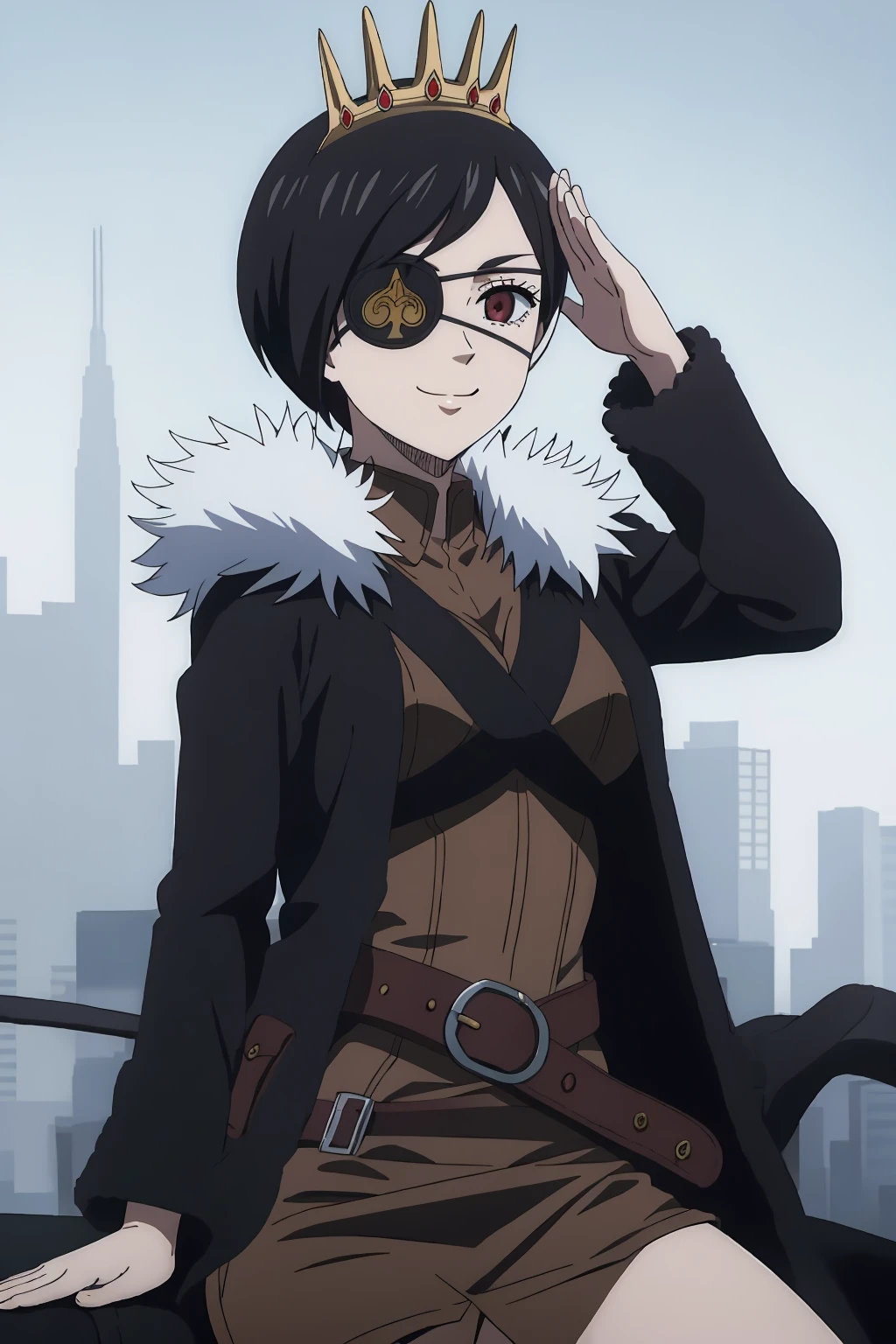 ((best quality)),((highly detailed)),masterpiece,absurdres,detailed face,beautiful face,(detailed eyes, deep eyes),((dynamic pose)), 1girl, <lora:VanicaV1:0.7>Vanica, eyepatch, solo, short hair, black hair, smile, fur trim, belt, gloves, sitting, salute, shading eyes, red eyes, crown, cape, long sleeves, buckle, short dress, closed mouth, dress, scar, looking at viewer, jacket, sepia, bangs, swept bangs, belt buckle, high collar, coat, skirt, parted bangs, breasts, turtleneck, uniform, tiara, cloak, miniskirt