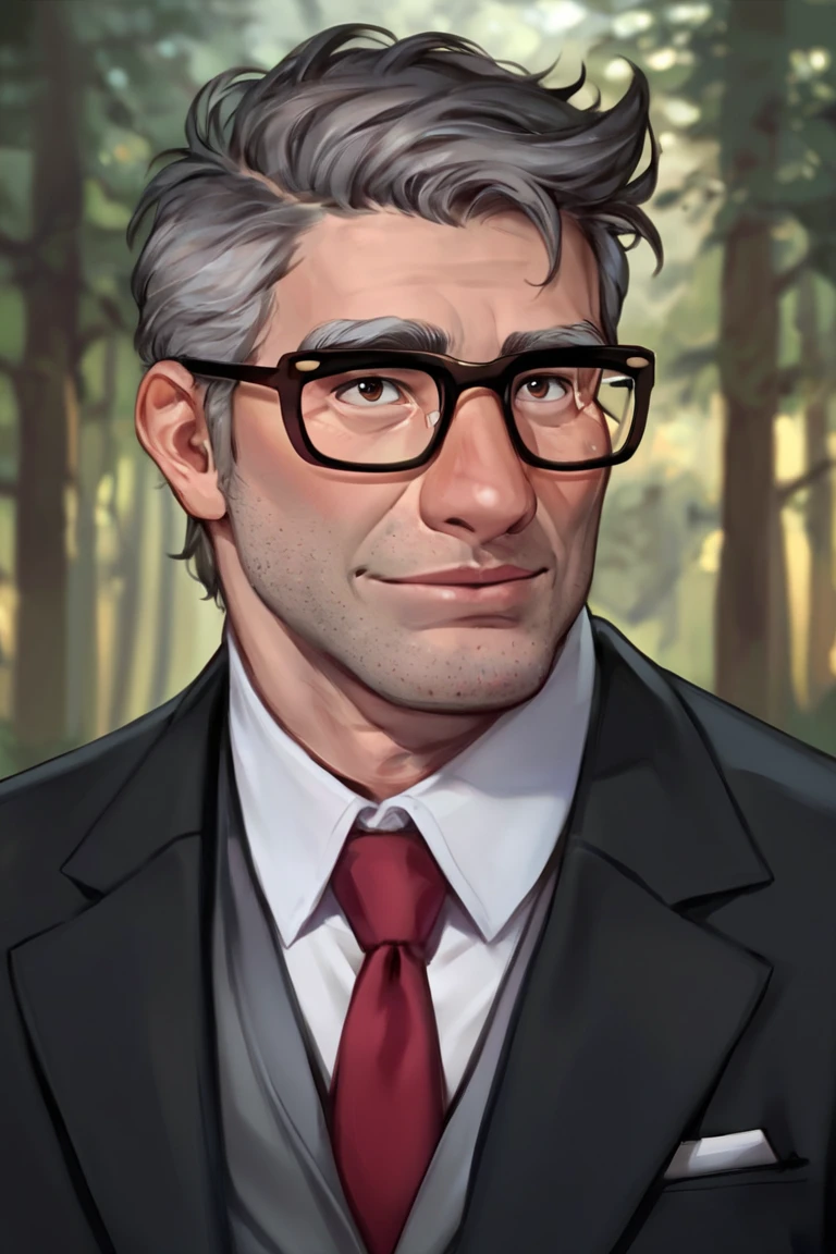 score_9, score_8_up, score_7_up, score_6_up, score_5_up, score_4_up, fordpines, 1boy, solo, male focus, mature male, old man, upper body, short hair, grey hair, brown eyes, thick eyebrows, glasses, black-framed eyewear, facial hair, stubble, sideburns, formal, suit, black suit, grey vest, white shirt, red necktie, standing, outdoors, forest <lora:Stanford (Ford) Pines SDXL_LoRA_10r_10e_32i_nr32_a16_Pony Diffusion V6 XL:0.7>
