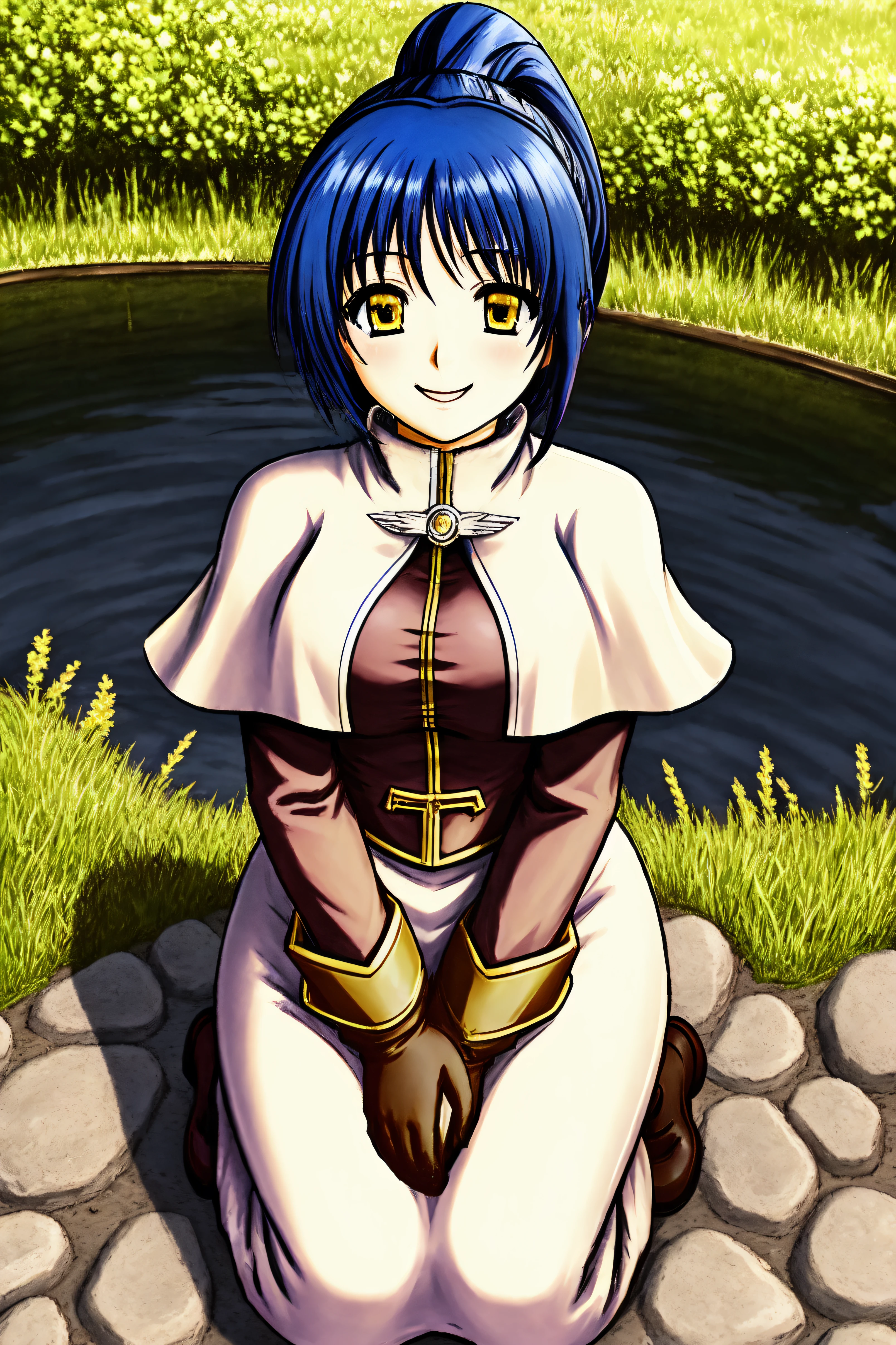 <lora:acolyteROV.1.22-000007:0.8>, acoRO,1girl, white capelet, white dress, gloves, long sleeves, brown shoes, black pantyhose,
((blue hair)), ((yellow eyes)), ponytail,
looking at viewer, smile, happy,
(sitting), hand on lap, on knee, seiza, (from above), medium shot,
outdoor, tree, lakeside, grass, forest, flower, river, pool,