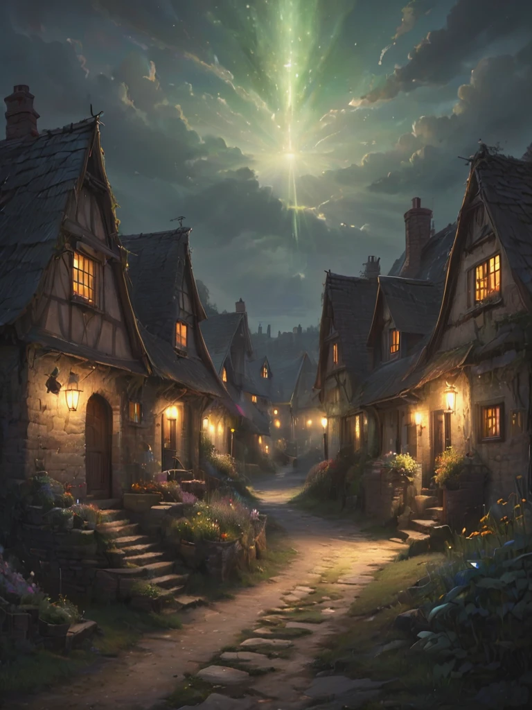 letitflrsh,village, illumination, atmospheric, scale, order, healing, light, hope, soothing, calm, composition, detailed, muted, lowkey, faint, psychedelic art , <lora:- SDXL - letitflrsh_let_it_flourish_V1.0-000005:.9>