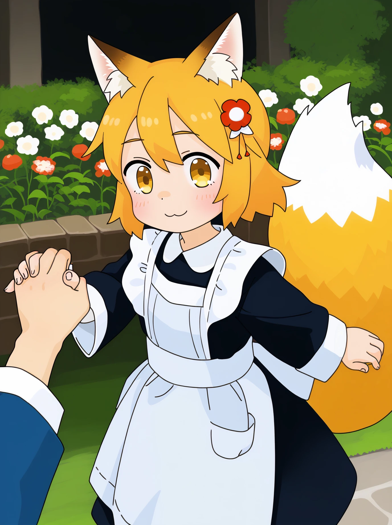 score_9, source_anime, by akai sashimi, best quality, masterpiece, uncensored
BREAK
1girl, maid, garden, outdoors, smile, sen, blonde hair, 1girl, animal ears, fox ears, blush, animal ear fluff, solo, hair ornament, fox girl, hair flower, hair between eyes, short hair, fox tail, tail, flat chest, yellow eyes, male pov, handholding
<lora:akai_sashimi_pony_v1:1> <lora:senko_ds6_ponyxl_lr1e-5_constant_adamw8_dim32_alpha16:0.8>