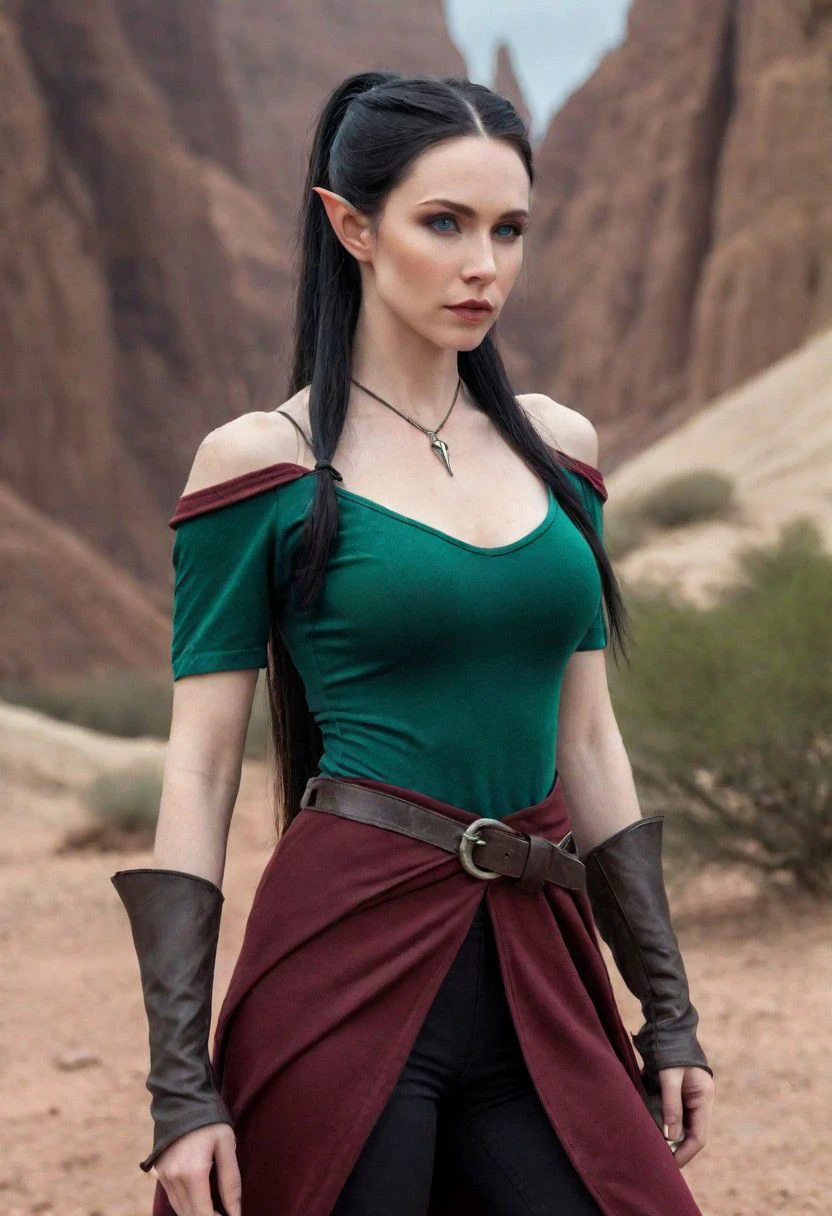 photo, elf woman, (very ashen pale skin), 5'9, 140lbs, 32B-24-32, long black hair in ponytail, blue eyes, (pointed ears), feminine slight features, muscular woman, lithe, (Dark green/Maroon gothic clothing), full body, badlands background, D&D character, HDR