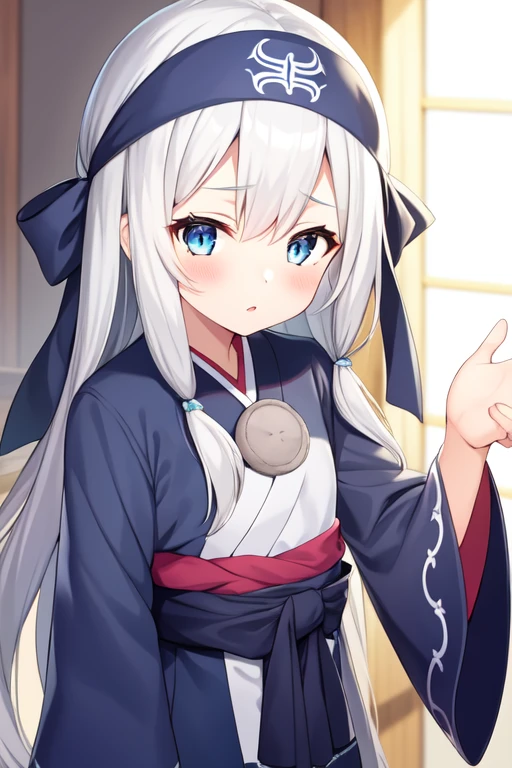 ainu, 1girl, solo, long hair, looking at viewer, blue eyes, long sleeves, blush, headband, sidelocks, white hair