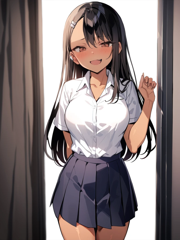 <lora:xl_Nagatoro Hayase2-000009:1>,Nagatoro Hayase is a girl with dark skin long black hair and brown eyes, 1girl, skirt, solo, shirt, white shirt, blush, open mouth, pleated skirt, breasts, black skirt, cowboy shot, smile, fang, looking at viewer, short sleeves, collared shirt, teeth, hand up, school uniform, arm behind back, masterpiece, best quality,