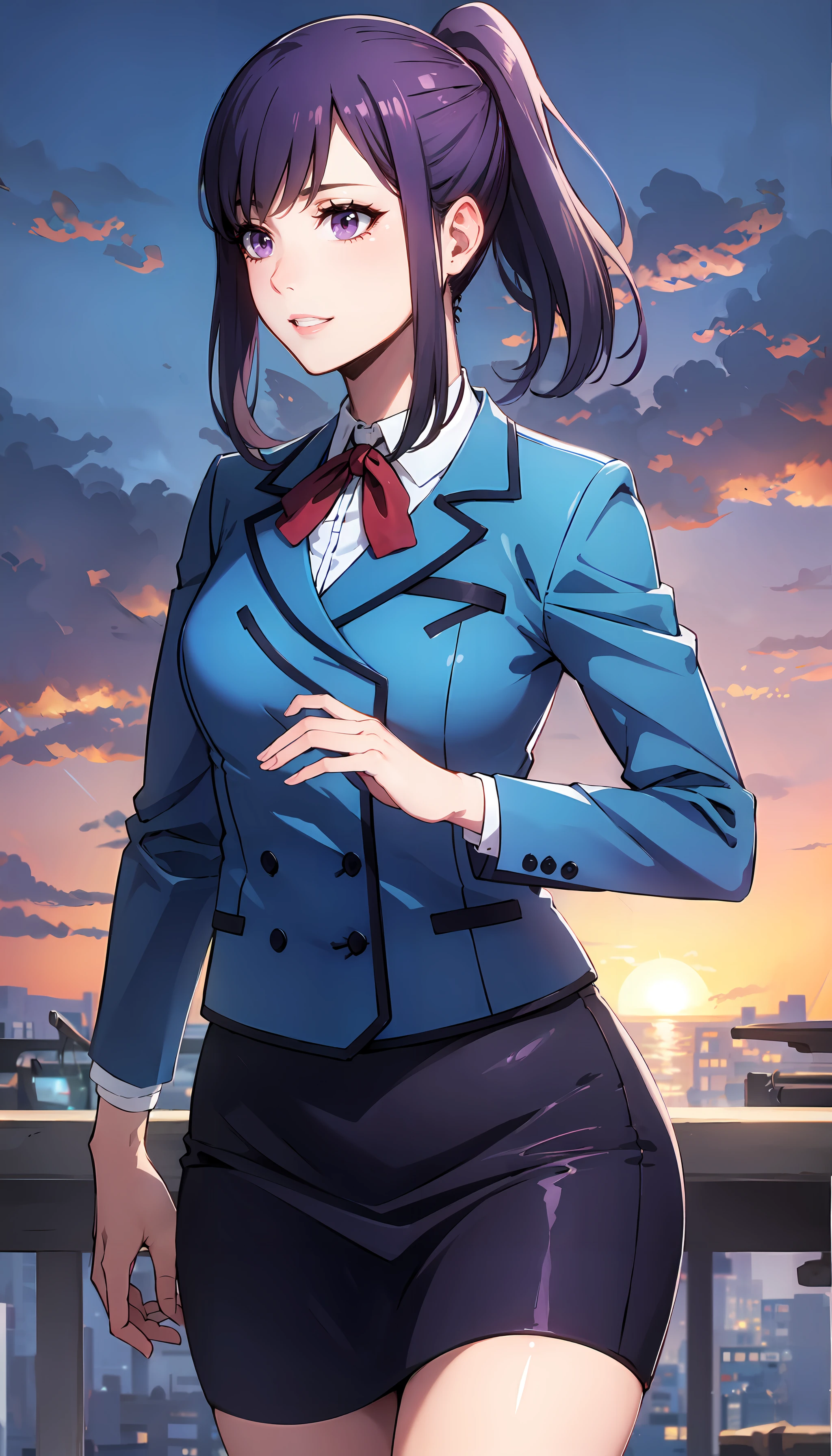 photorealistic, (4k), depth of field, (Masterpiece), (realistic skin texture), extremely detailed, intricate, hyper detailed, professional photography, bokeh, high resolution, sharp detail, best quality, girl, purple hair, ponytail, purple eyes, blue school uniform, skirt, <lora:GoodHands-vanilla:0.8> , nice hands, perfect hands, <lora:detail_slider_v4:0.8> , <lora:Jin-Ah Sung-000004:0.8> , knees together feet apart, dynamic pose, wind, outdoors, sunset, clouds,