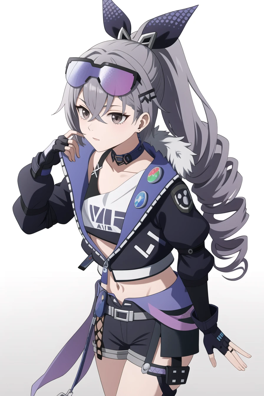silverwolf,grey hair,long hair,grey eyes,eyewear on head,jacket,gloves,ponytail,black jacket,fingerless gloves,shorts,bronya zaychik,bangs,black gloves,fur trim,drill hair,sunglasses,shirt,hair ornament,<lora:é¶ç¼:1>,, 1girl,
, (masterpiece,best quality:1.2),absurdres