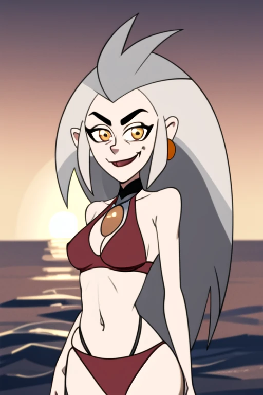 masterpiece, best quality, <lora:edalyn:0.8>, 1girl, solo, grey hair, long hair, yellow eyes, smile, looking at viewer, fang, red bikini, beach, jewelry, looking at viewer, sunlight, delicated ilumination, highly detailed, dark background, gradient background, tight clothes