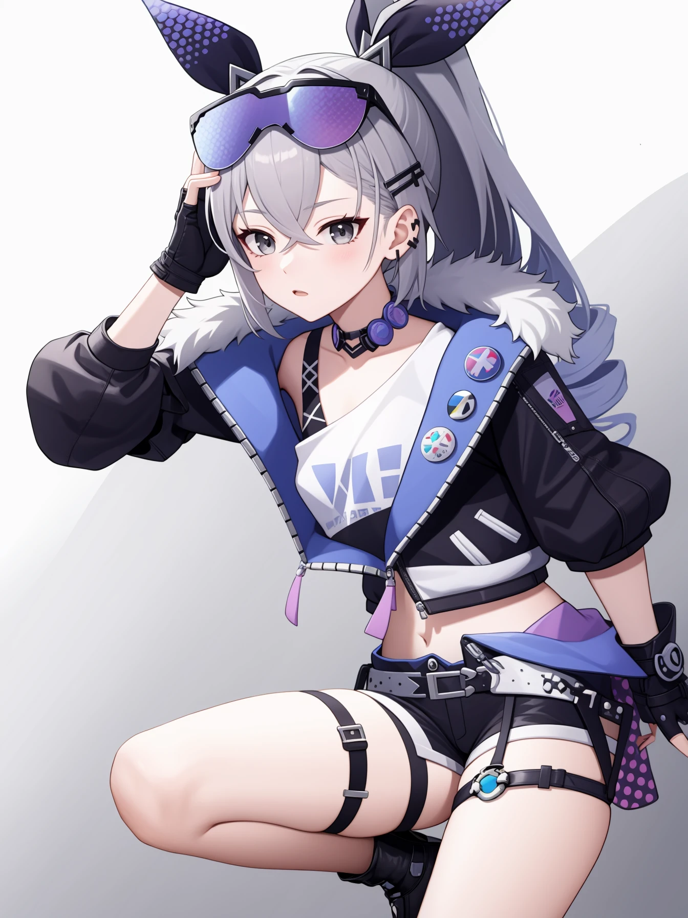 silverwolf,grey hair,long hair,grey eyes,eyewear on head,jacket,gloves,ponytail,black jacket,fingerless gloves,shorts,bronya zaychik,bangs,black gloves,fur trim,drill hair,sunglasses,shirt,hair ornament,<lora:é¶ç¼:1:lbw=char>,, 1girl,
, (masterpiece,best quality:1.2),absurdres
