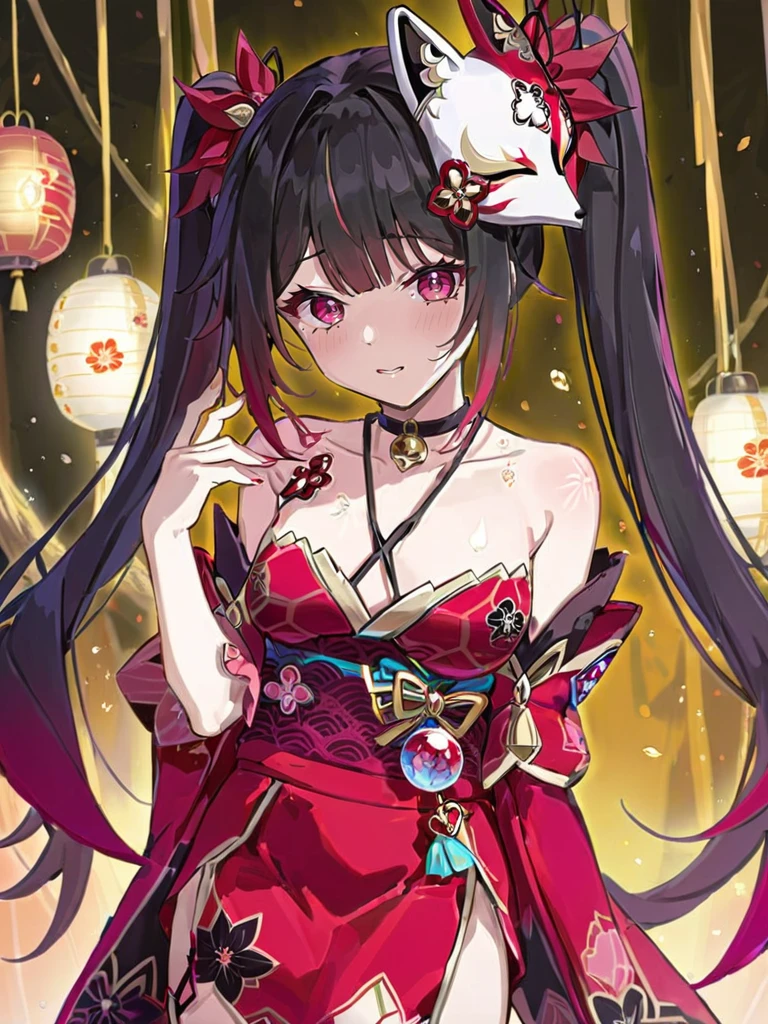 <lora:xl_sparkle2-000010:1>,sparkle is a girl with long black twintails and pink eyes fox mask on his head,the outfit she is wearing is called 'huahuo' and it's a red off-the-shoulder kimono,